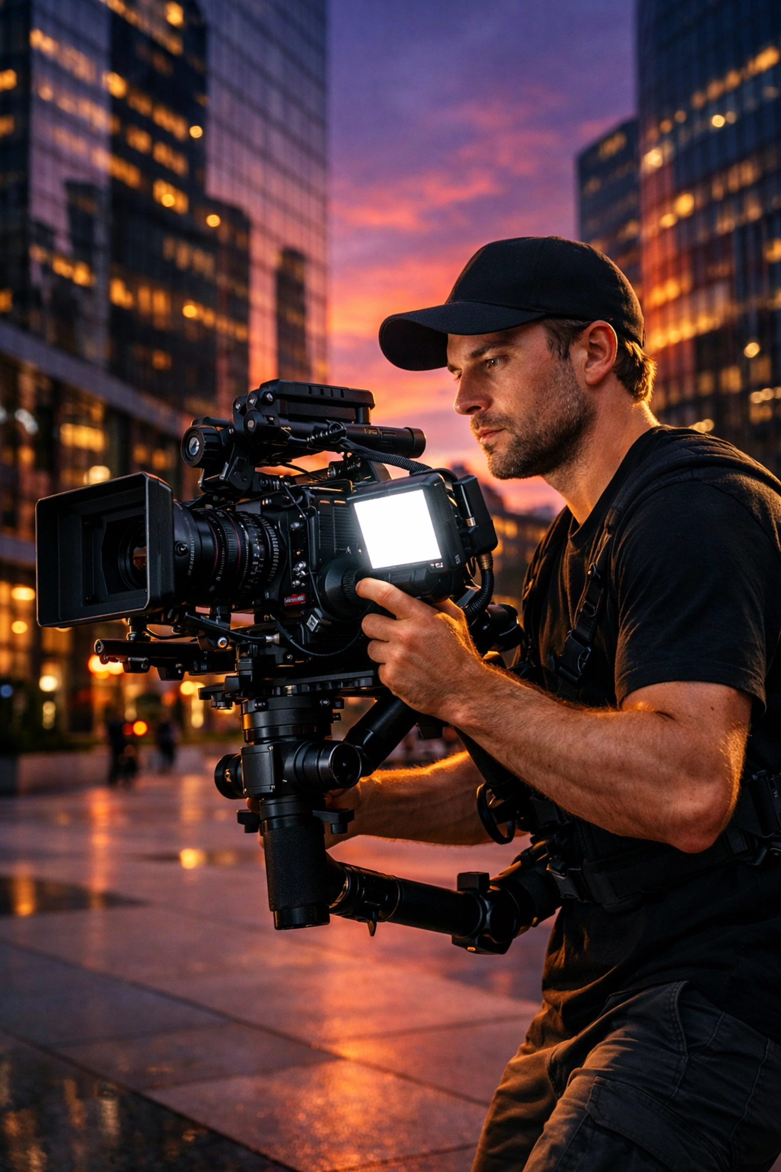 Professional videographer using a stabilized cinema camera gimbal to film an urban sunset commercial.