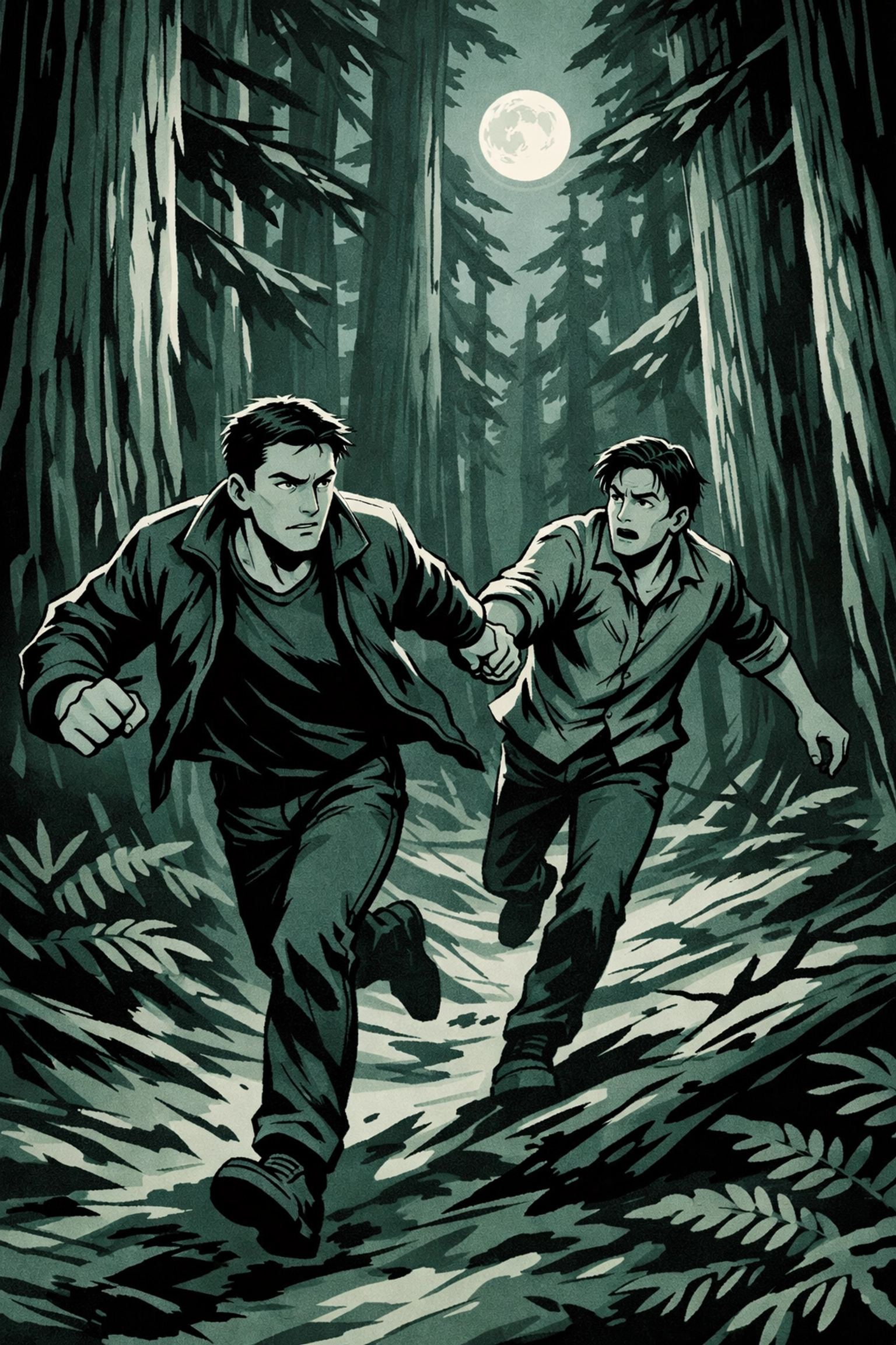Men escaping through redwood forest in MM thriller book scene