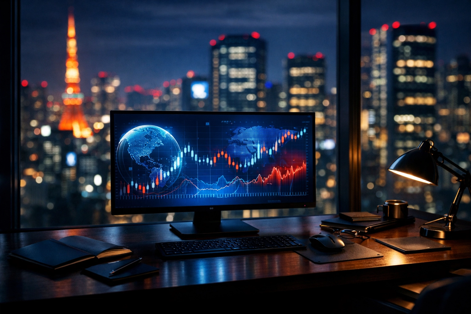 Global financial market data and charts on a monitor in a Tokyo office, symbolizing institutional crypto growth.