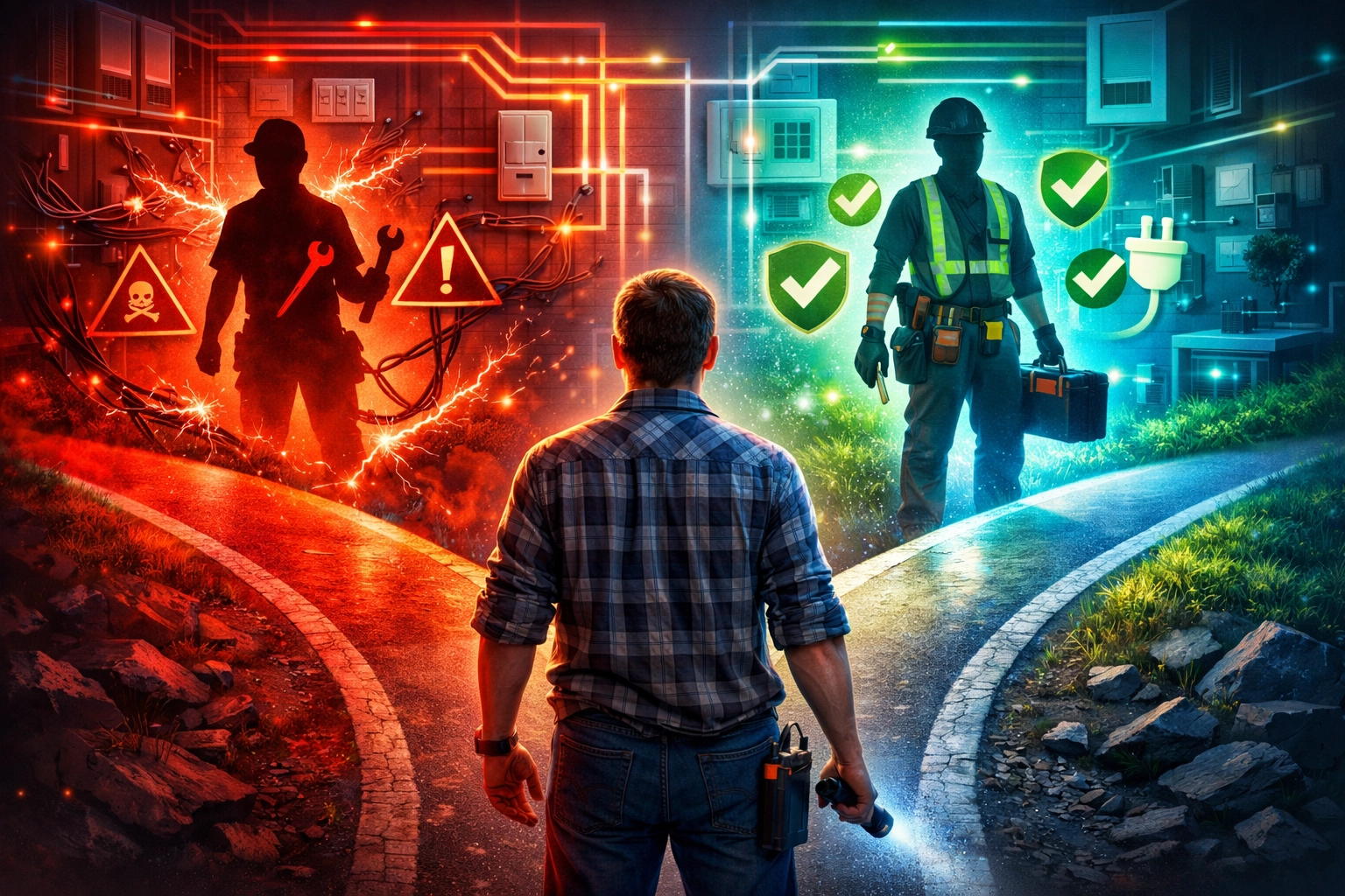 Visual comparison of DIY electrical hazards versus hiring a professional licensed electrician