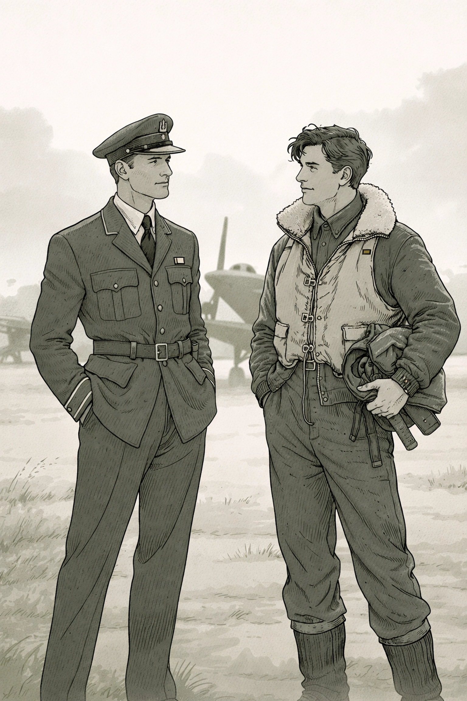 Two male WWII RAF pilots, one in officer's uniform and one in a flight jacket, stand together on an airfield with a Spitfire in the background, capturing the tension and intimacy of their forbidden love during wartime Britain.