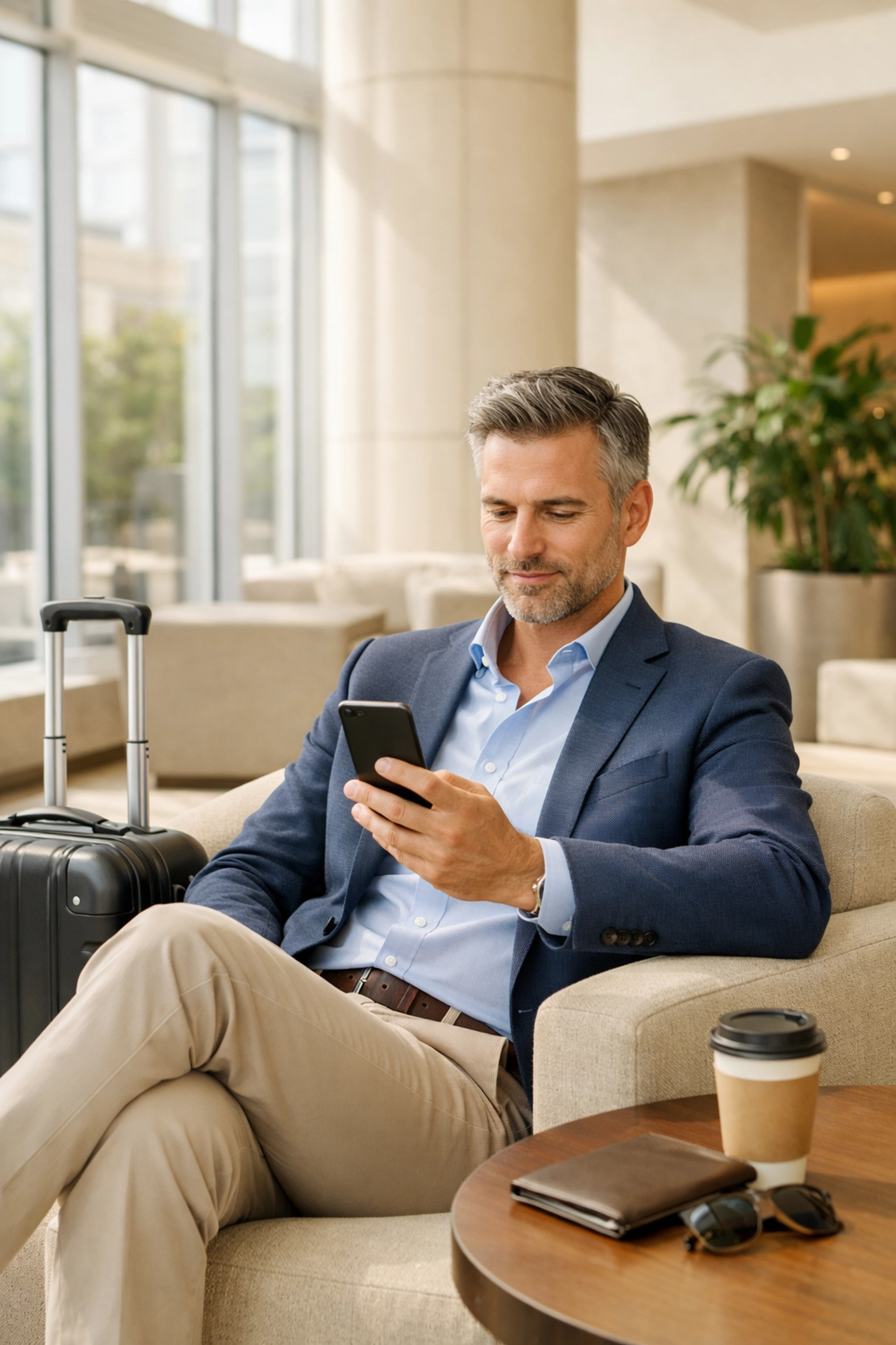 Traveler using a smartphone for zero-touch check-in in a modern, minimalist hotel lobby.