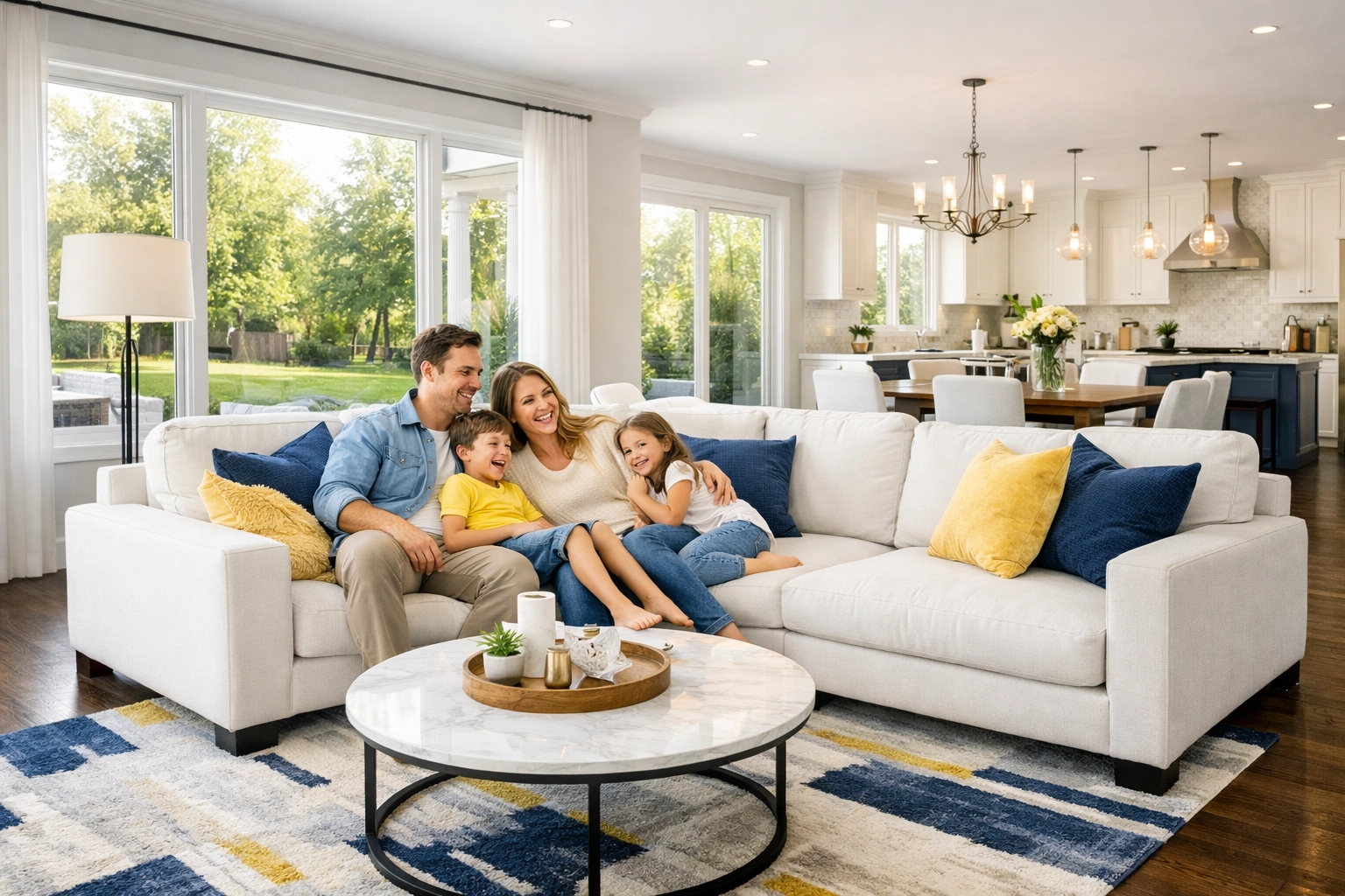 A happy family relaxing in a sun-drenched Franklin living room after a professional weekly house cleaning service.