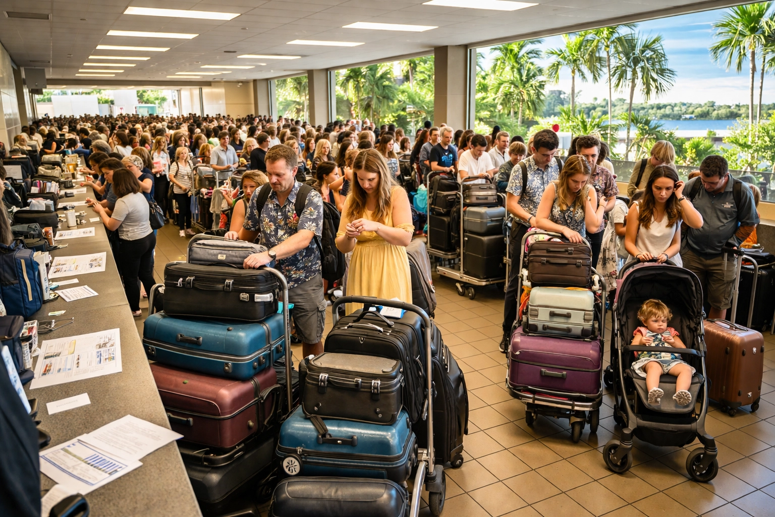 Long lines of travelers and families waiting with luggage at a busy Hawaii airport car rental counter.