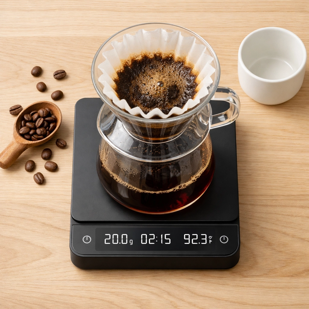 Digital coffee scale with pour-over brewer for precise measurement and home barista brewing