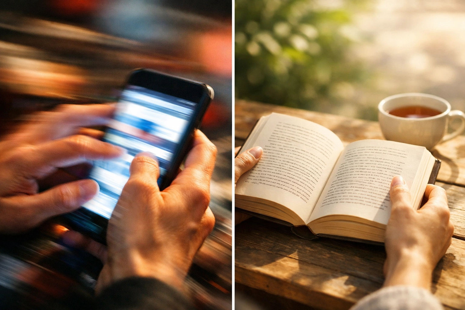 Hands scrolling phone versus reading book showing contrast between compulsive and mindful behavior