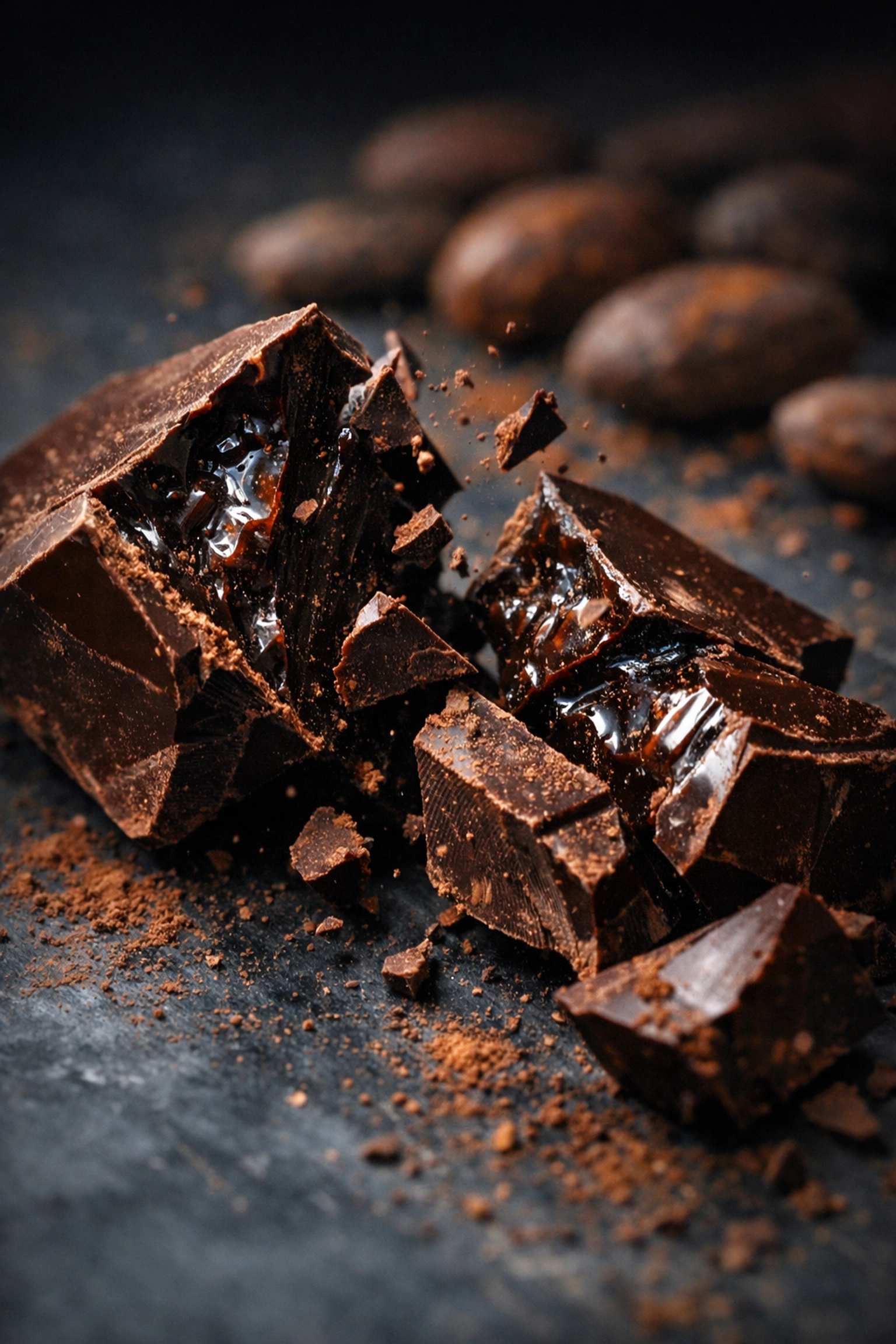 Premium dark chocolate pieces revealing cocoa butter crystals and texture for Valentine's Day confections