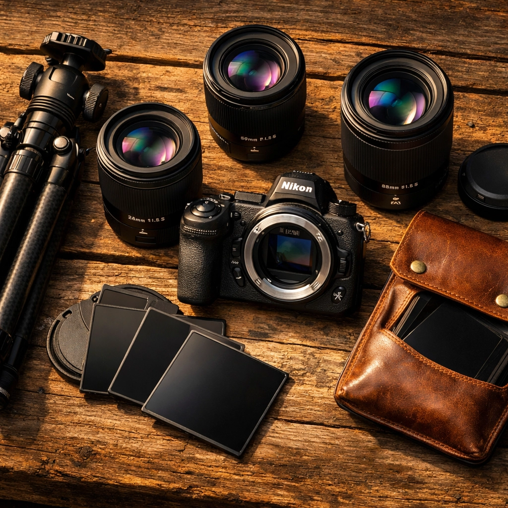 Professional landscape photography gear including camera lenses and filters on a wooden table.