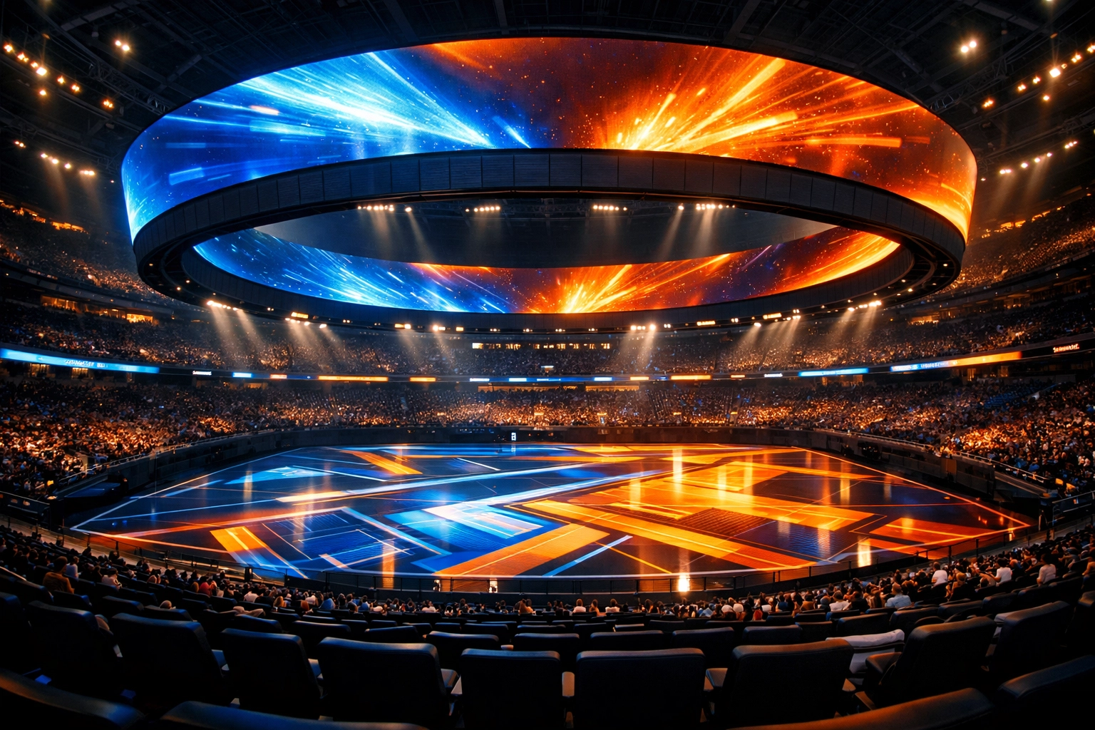 Modern Sporttron stadium with LED jumbotron and interactive floor graphics creating immersive fan experience