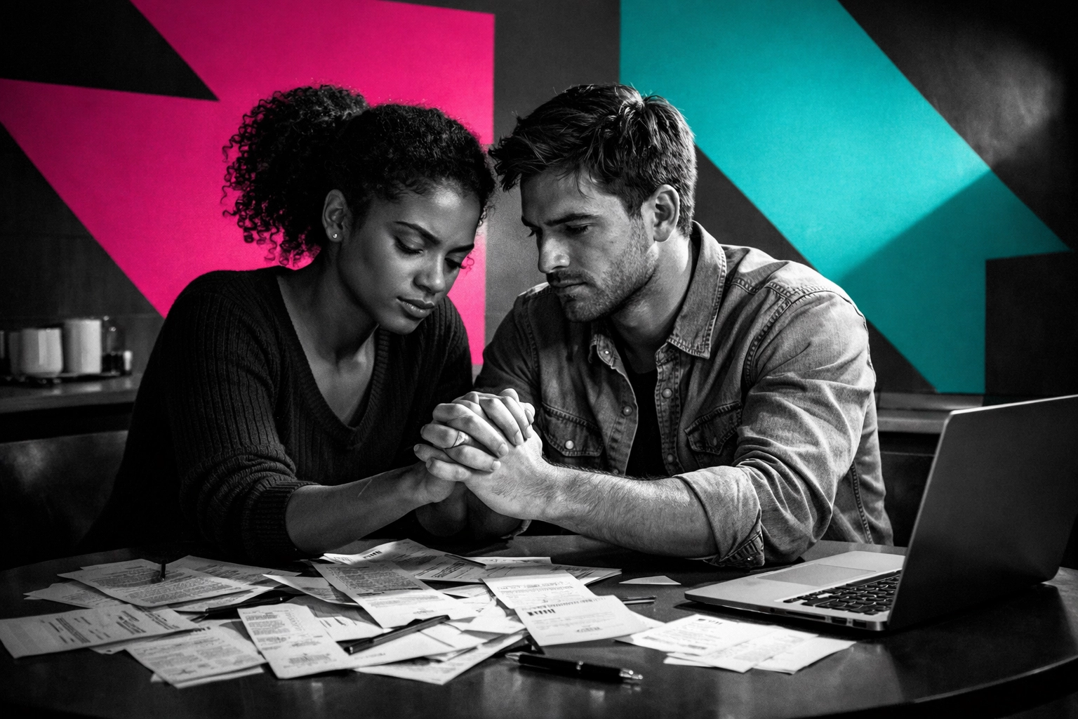 Married couple holding hands over bills and laptop managing financial stress together