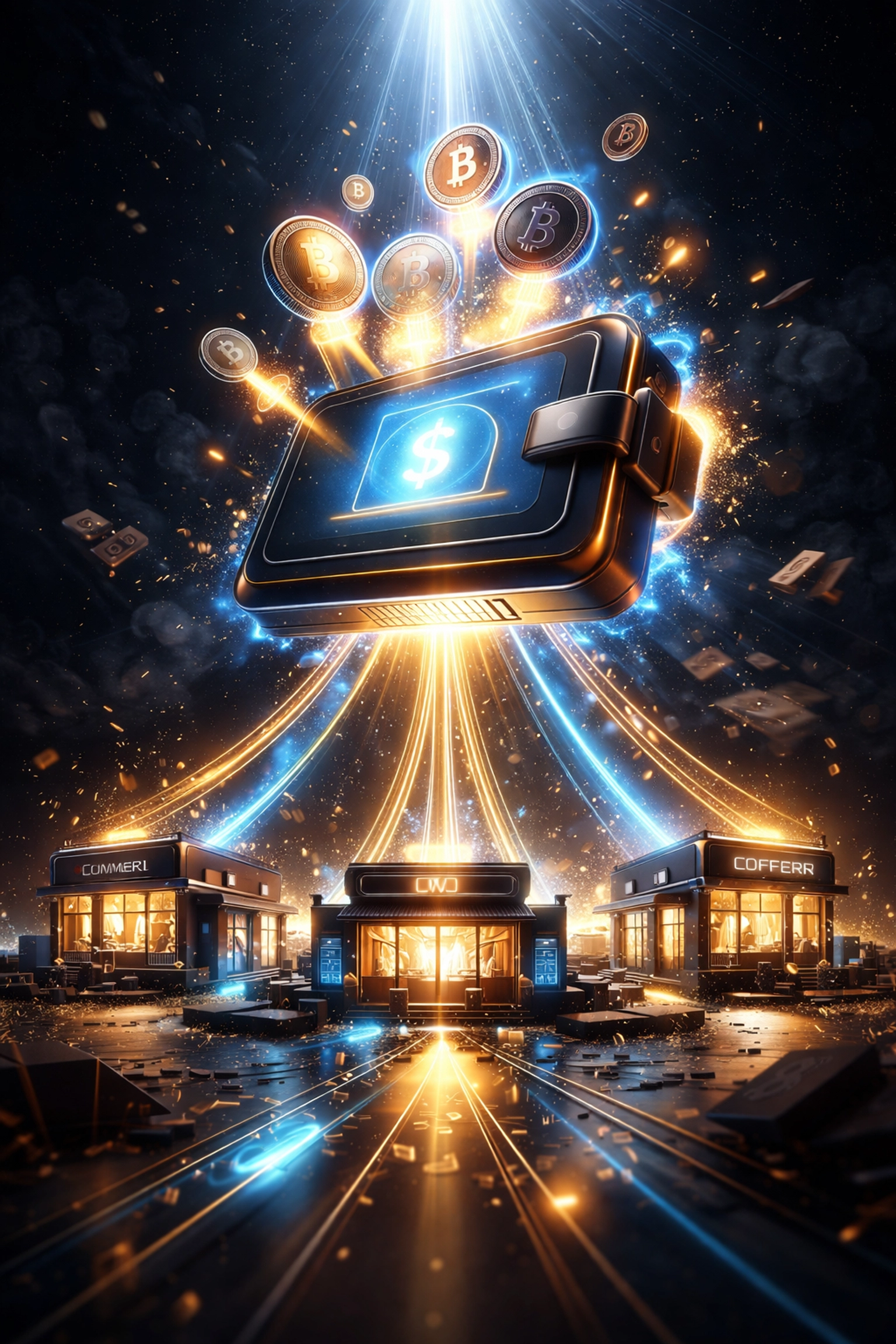 Futuristic digital wallet in space receiving global cryptocurrency payments directly for merchants