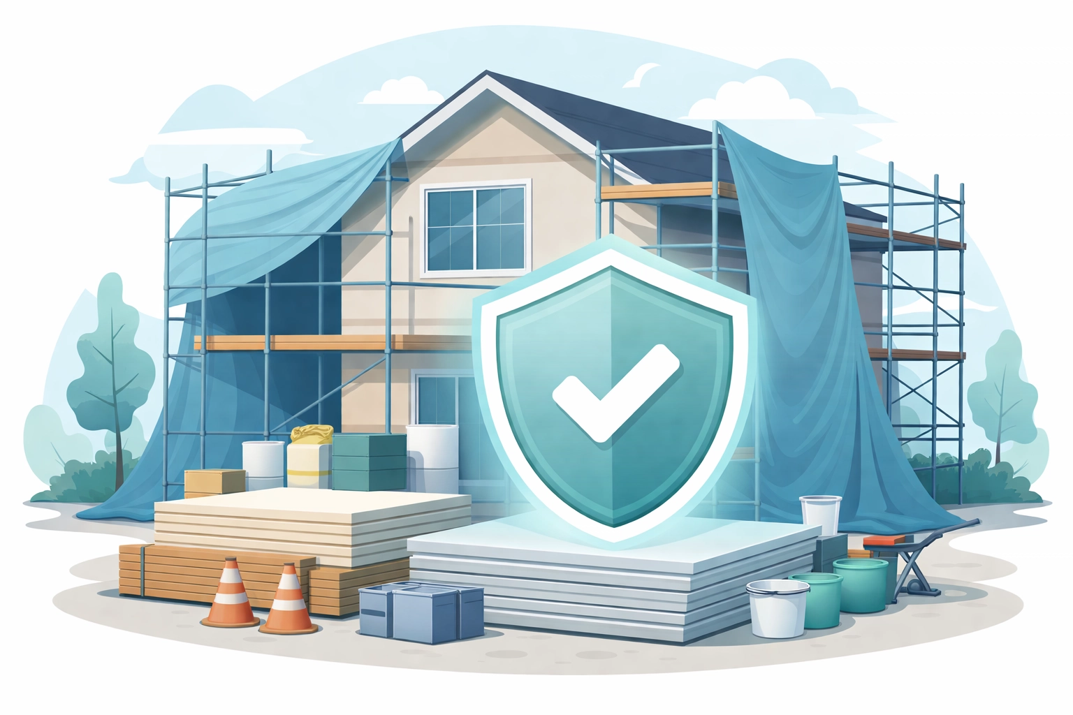 Construction site illustration with scaffolding, stacked materials, and an insurance shield representing builder's risk insurance protection