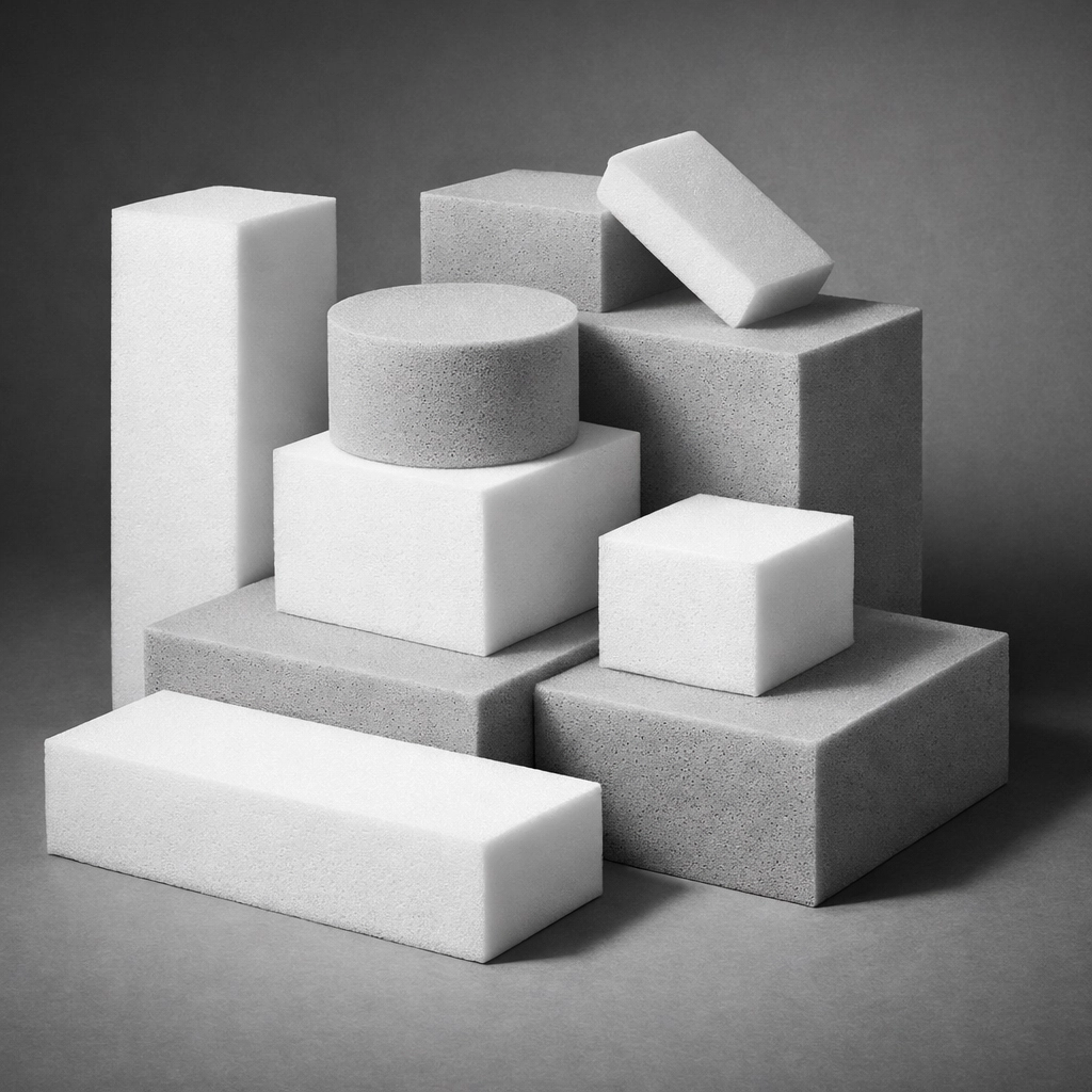 Custom-cut high-density foam blocks ready for furniture repair at Stuff It Upholstery in Chattanooga.