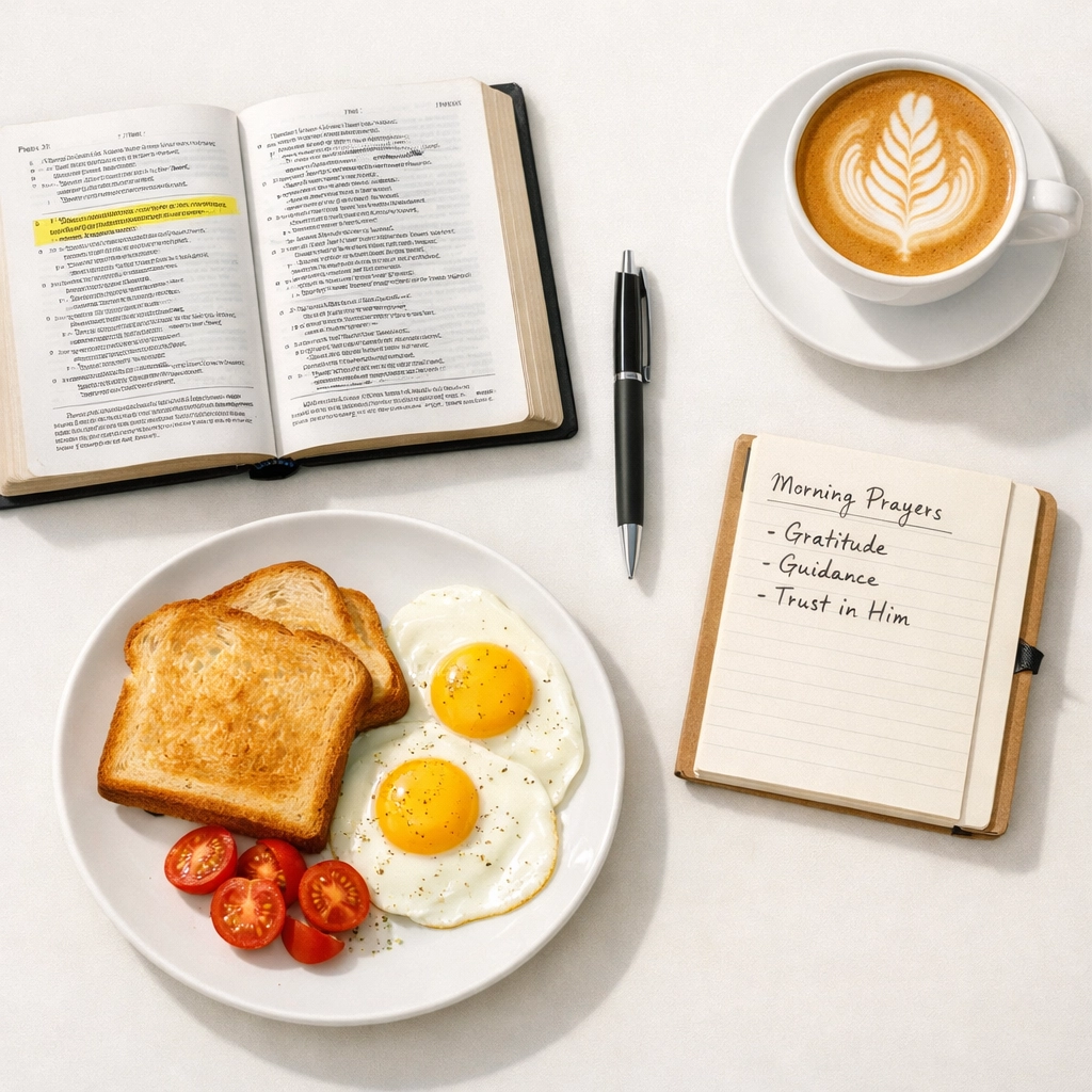 Morning breakfast with open Bible, journal, and coffee for daily devotions