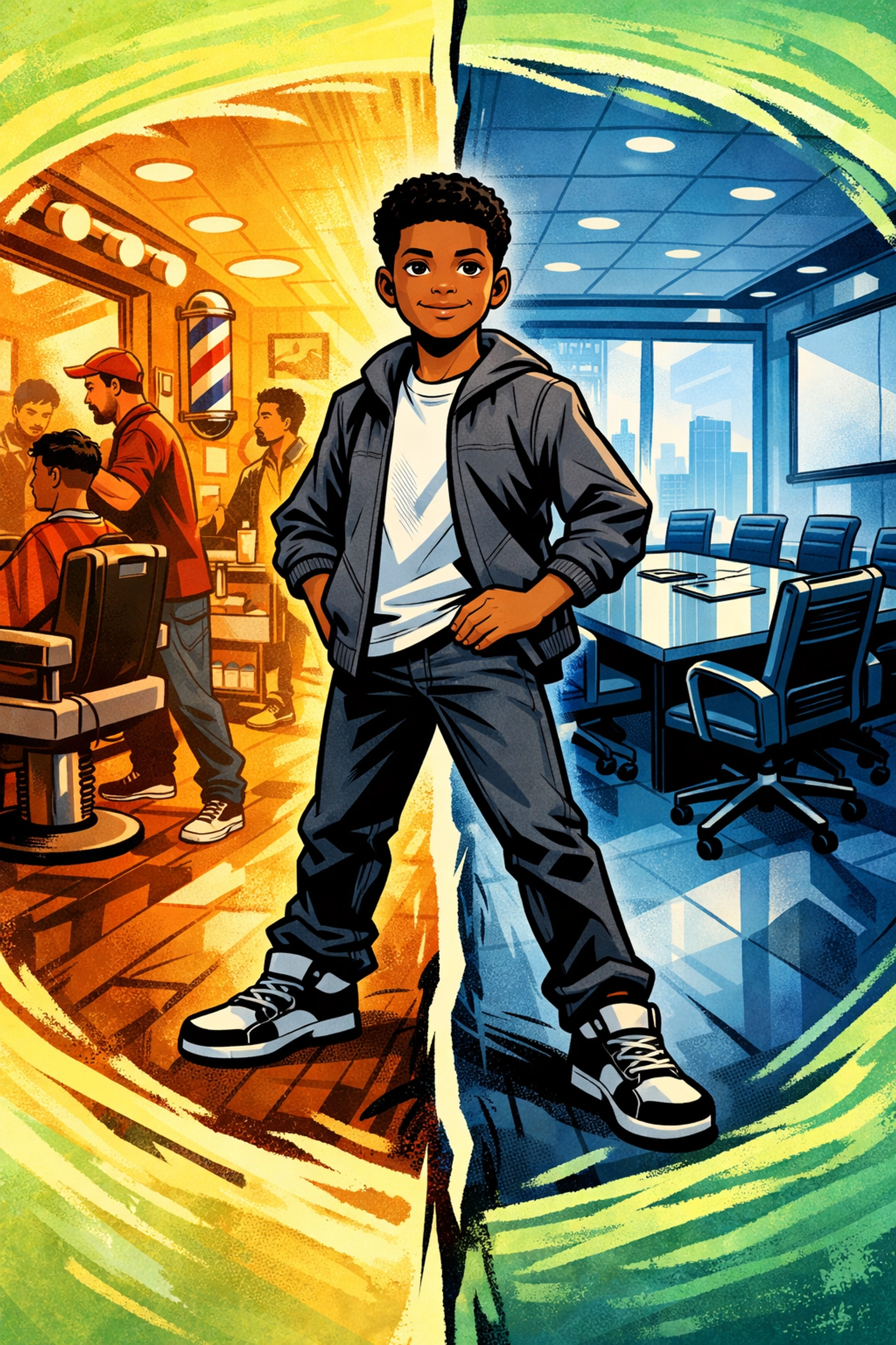 Young Black teen bridging barbershop culture and boardroom professional success through CRC