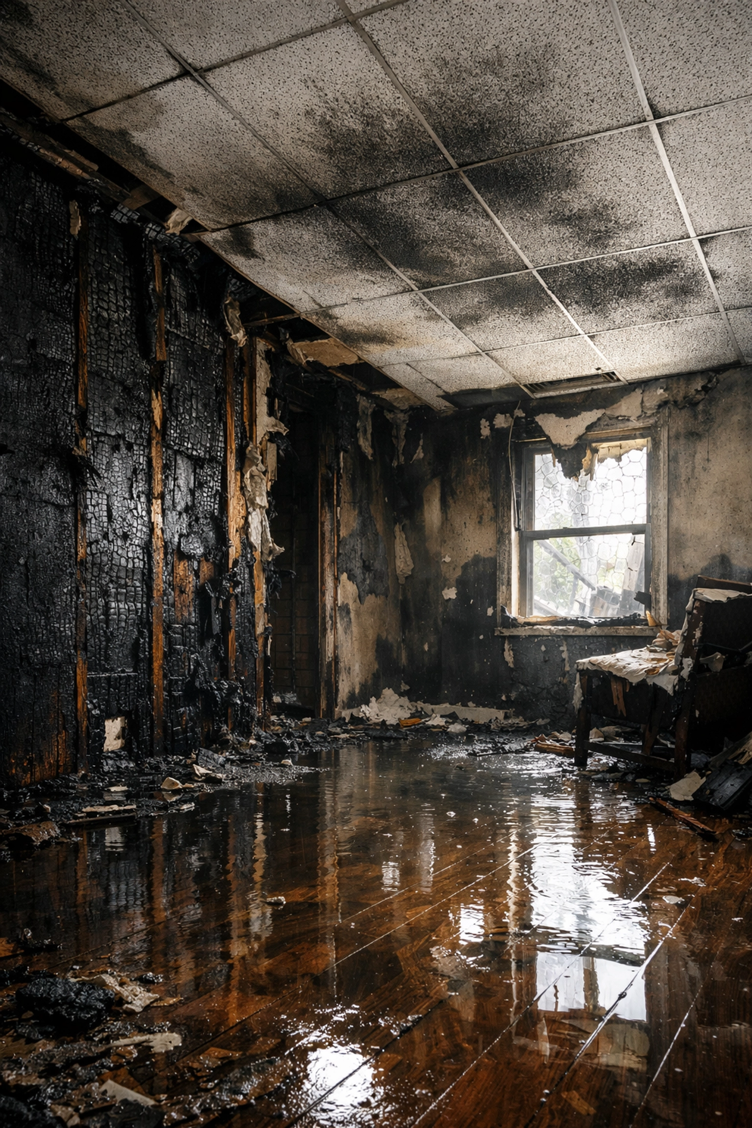 Fire damaged room showing charred walls, water pooling on floors, and soot damage requiring restoration