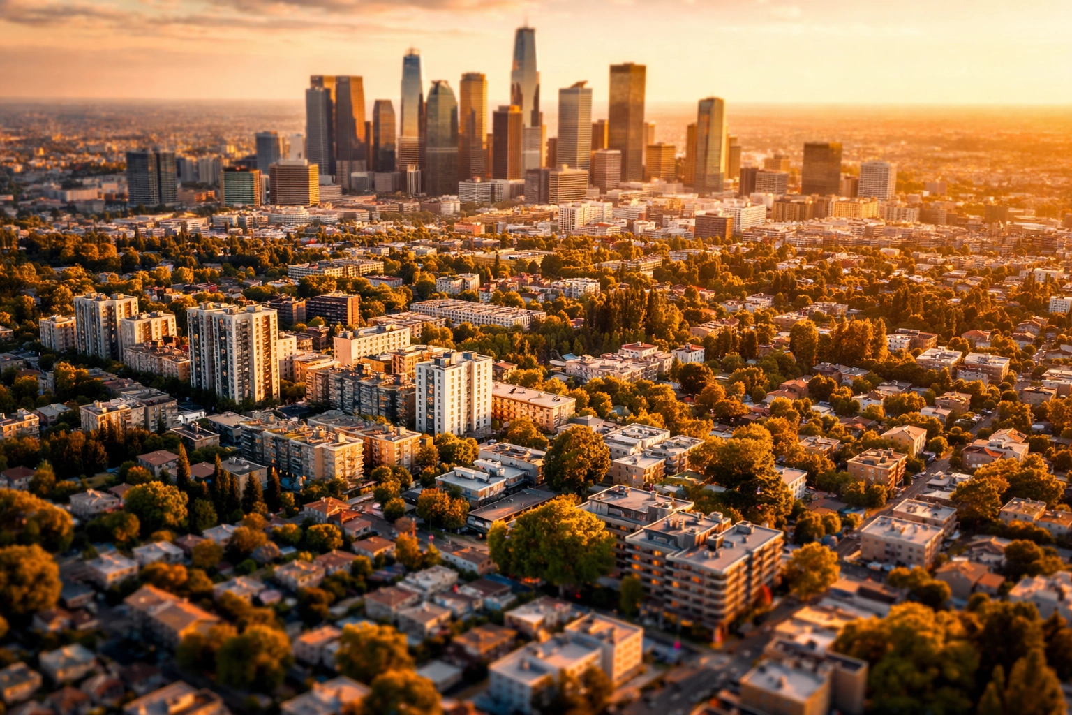 Aerial view of diverse real estate properties at sunset showcasing real estate investment variety