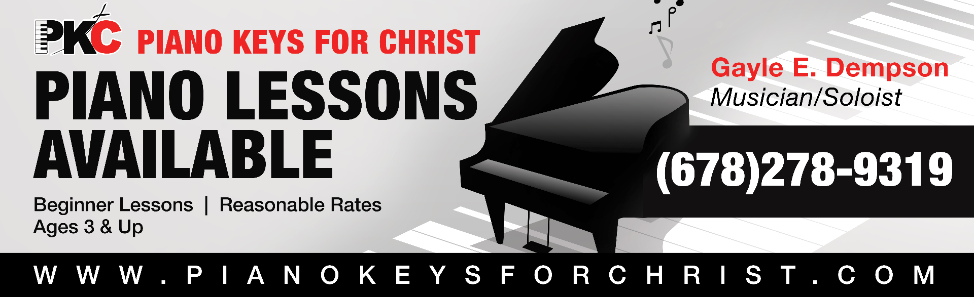 Promotional banner for Piano Keys for Christ, LLC