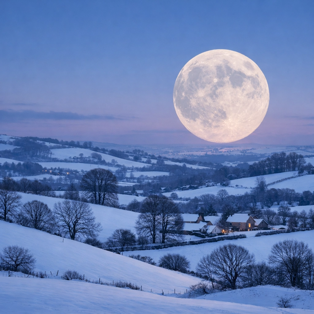 Snow Moon rising over snow-covered British countryside at winter dusk