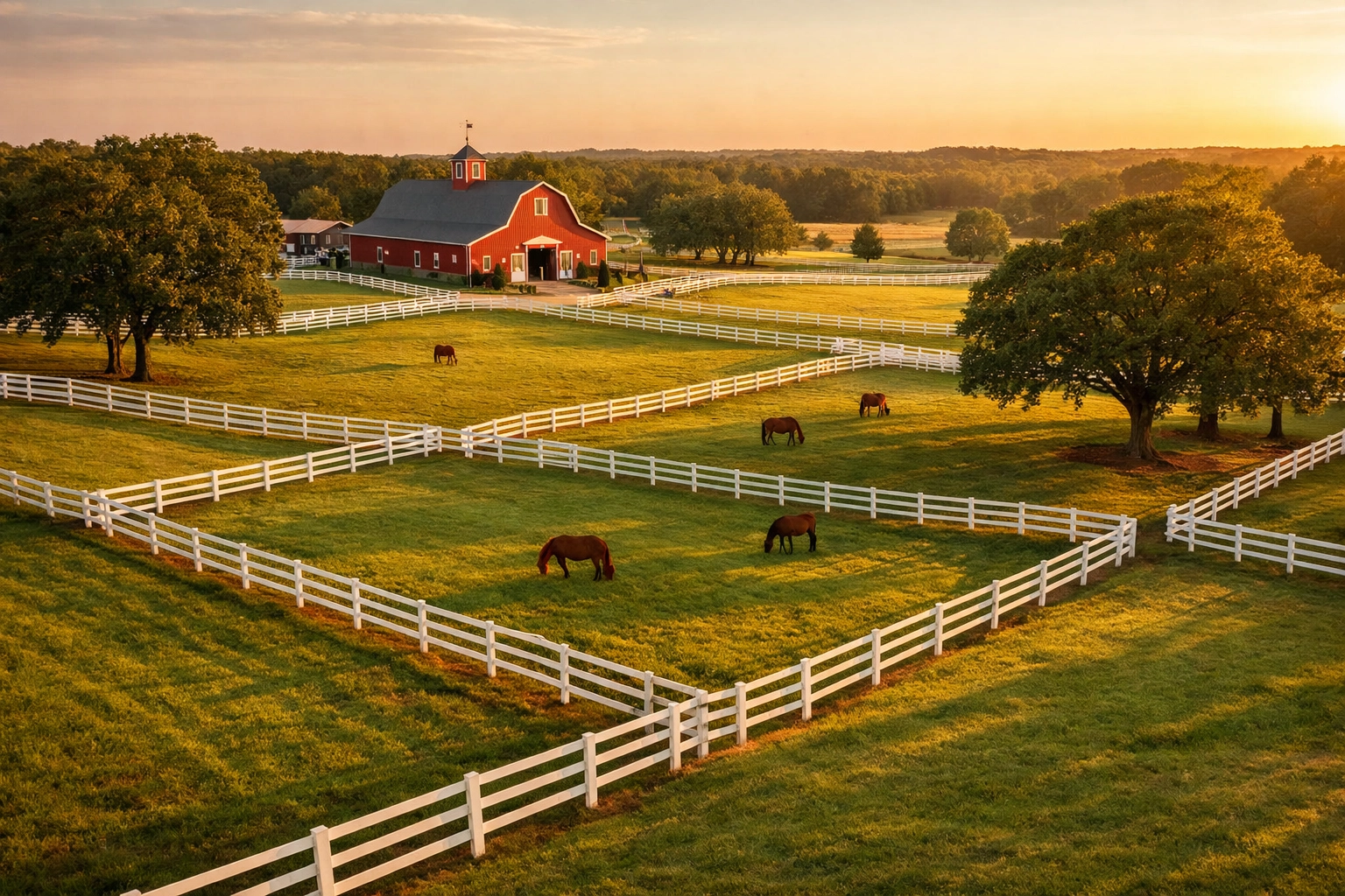 Aerial view of horse farm for sale in Waxhaw NC with white fencing and barn
