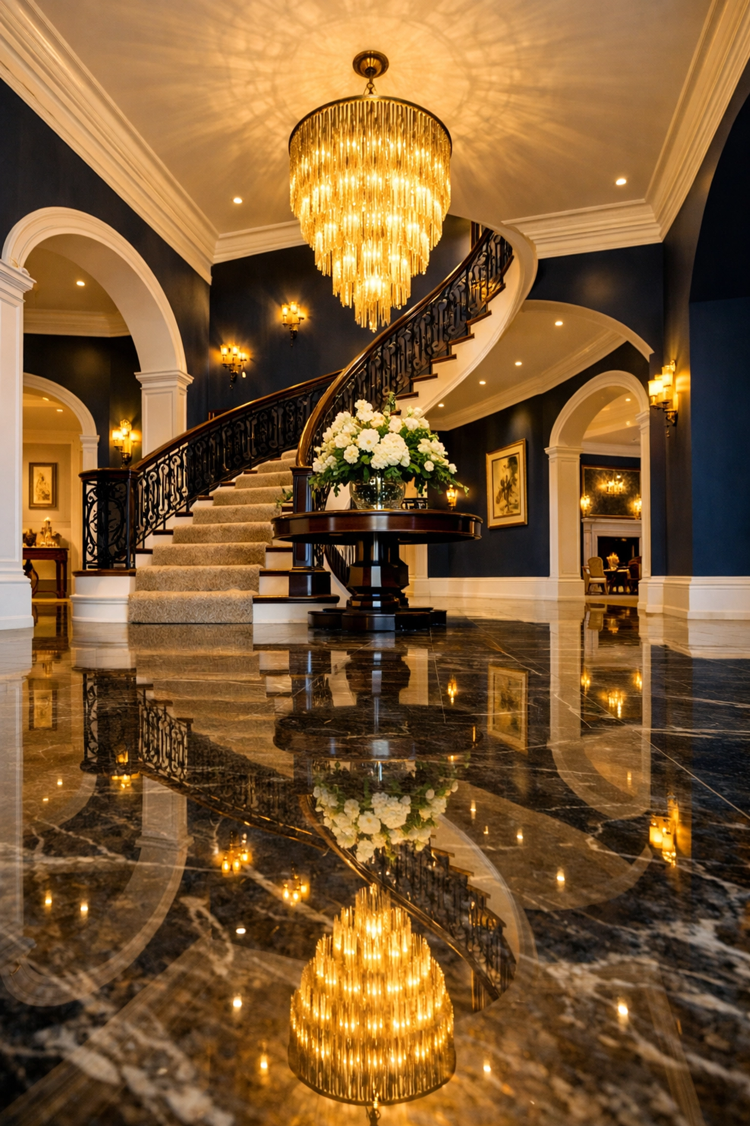 Reflective grand foyer in a wealthy estate after luxury house cleaning in Shrewsbury services.
