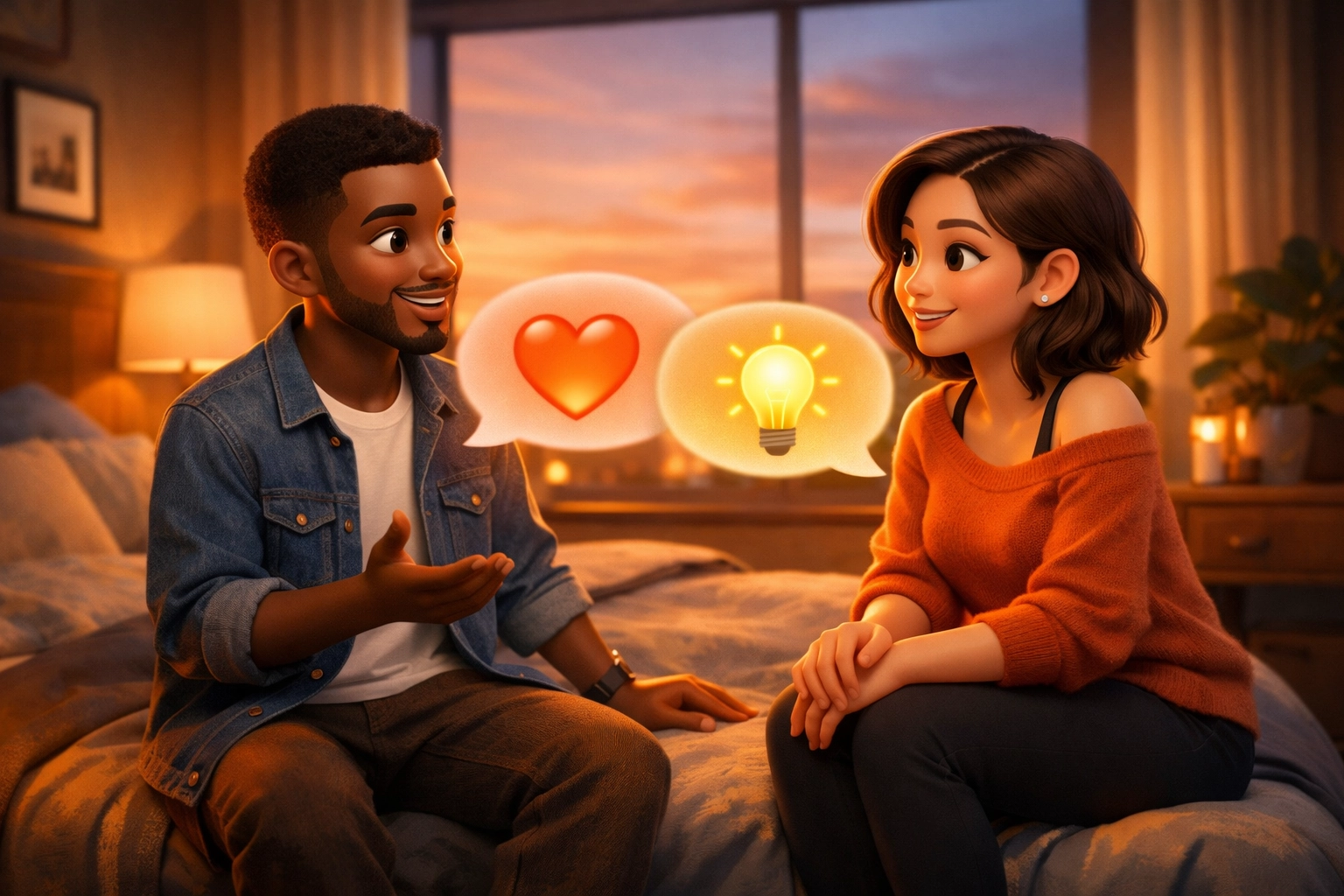 Couple communicating on a bed about sexual wellness and how to ask for what you want in bed.