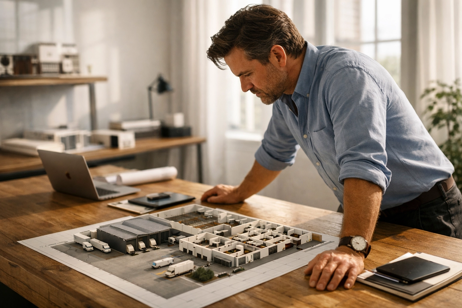 Business owner reviewing architectural floor plans for their new office and warehouse.