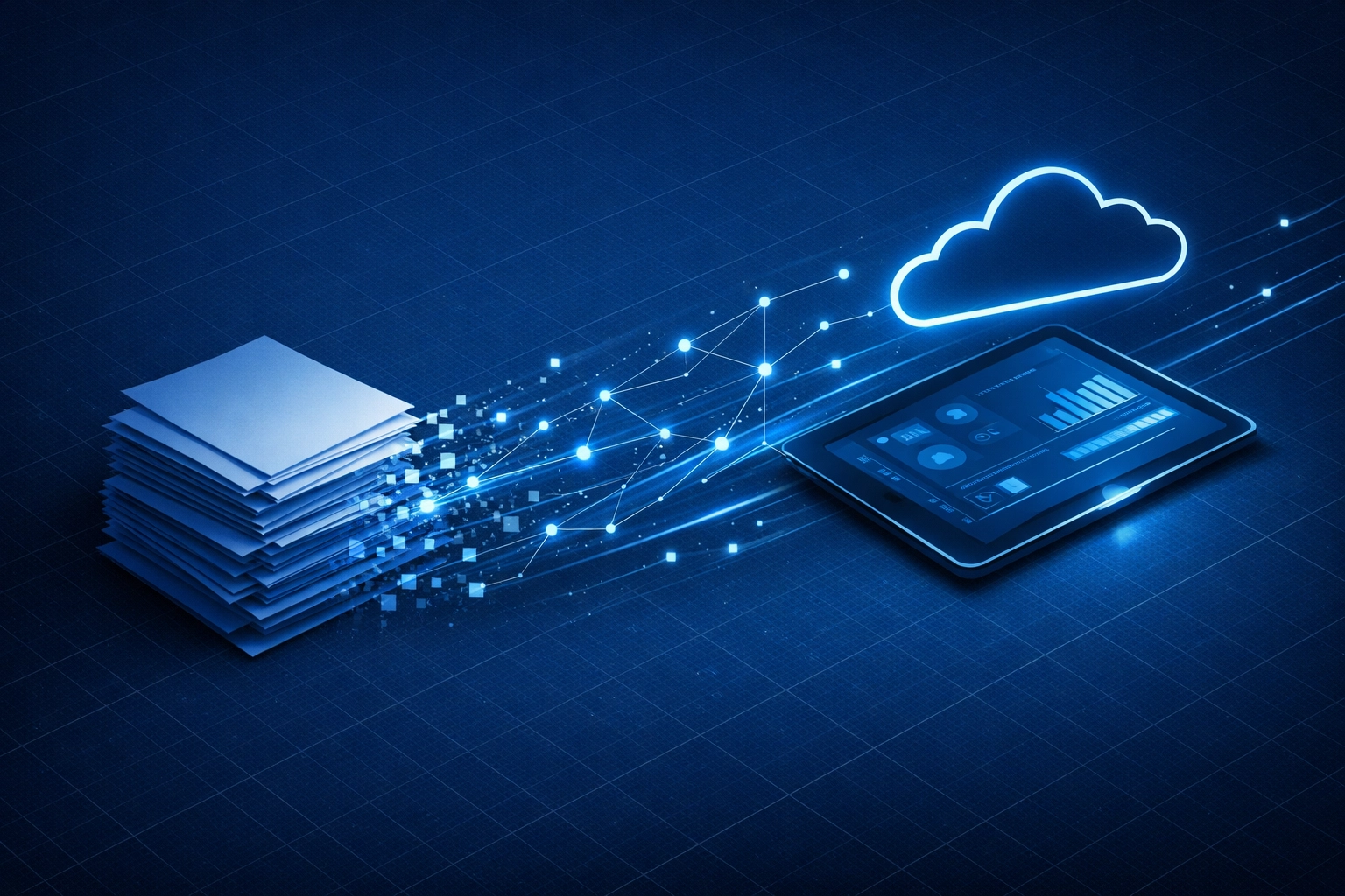 Digital transformation of a UK accountancy practice showing paper records moving to cloud automation.