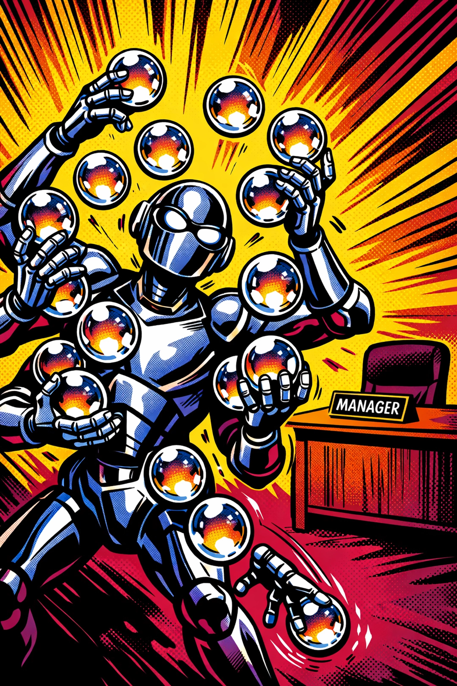 A robot juggling tasks at an empty desk, showing the need for human review in AI business automation.