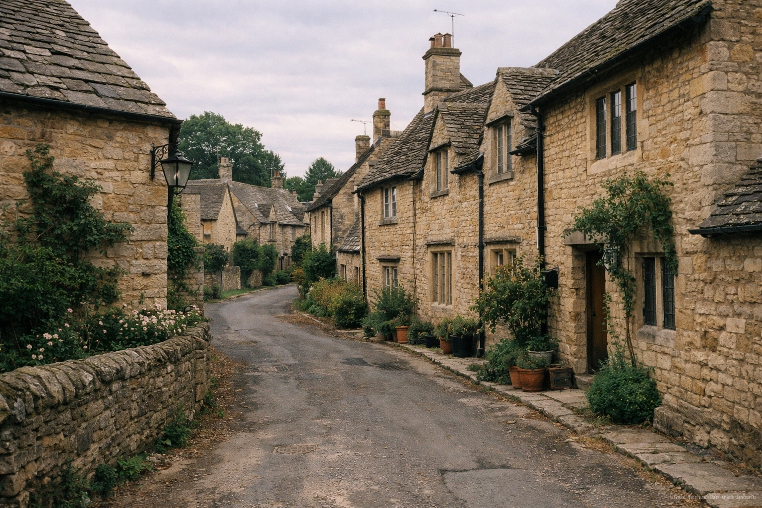 Quiet Northleach village street with historic honey-colored limestone cottages in the Cotswolds.
