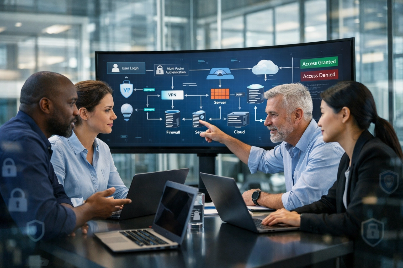 IT security team collaborating on network access control and authentication systems