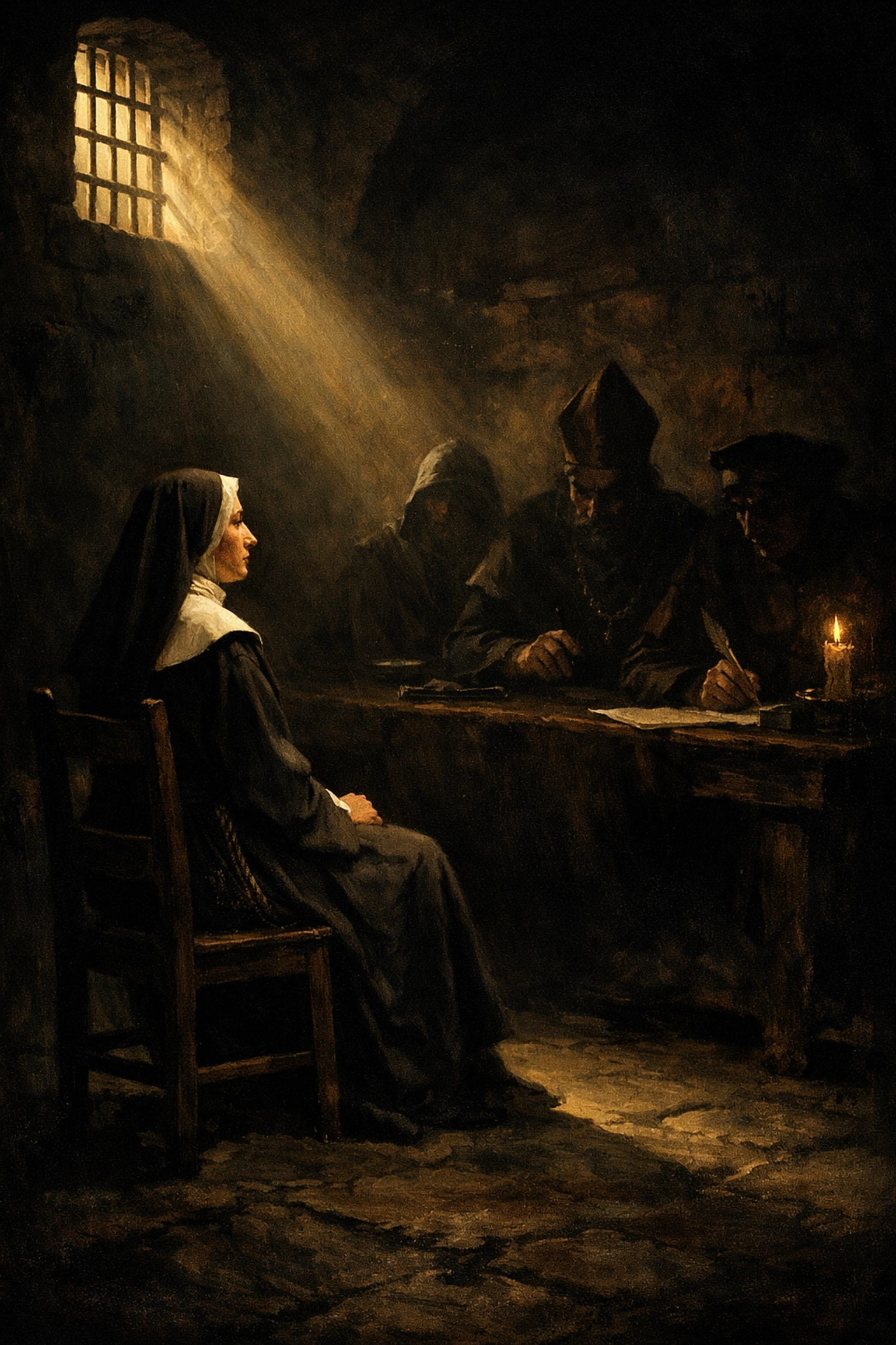 Sister Feliciana facing Spanish Inquisition interrogation for loving other nuns