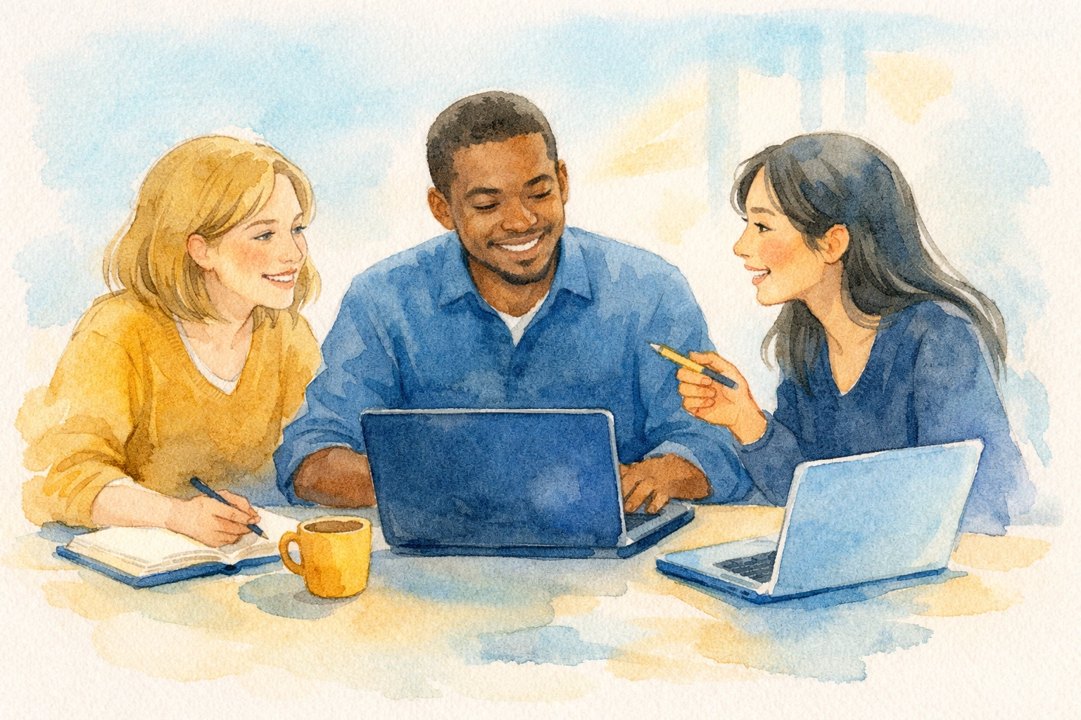 Team of creators collaborating on digital projects with laptops and shared purpose