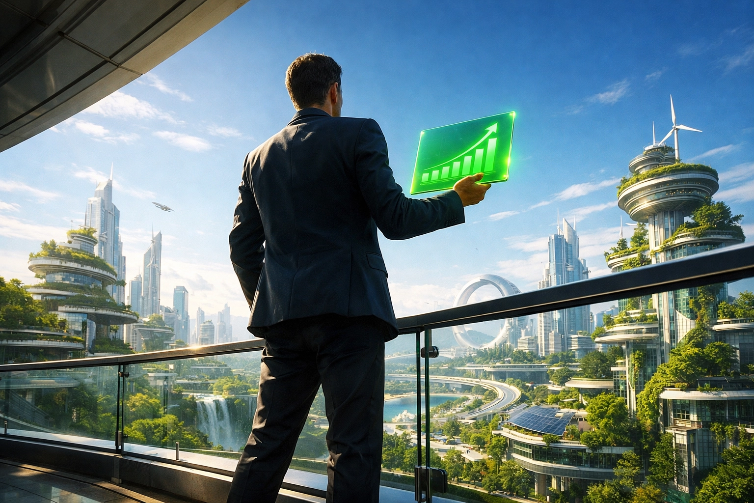 A person overlooking a futuristic city, representing future financial success with a diversified portfolio.