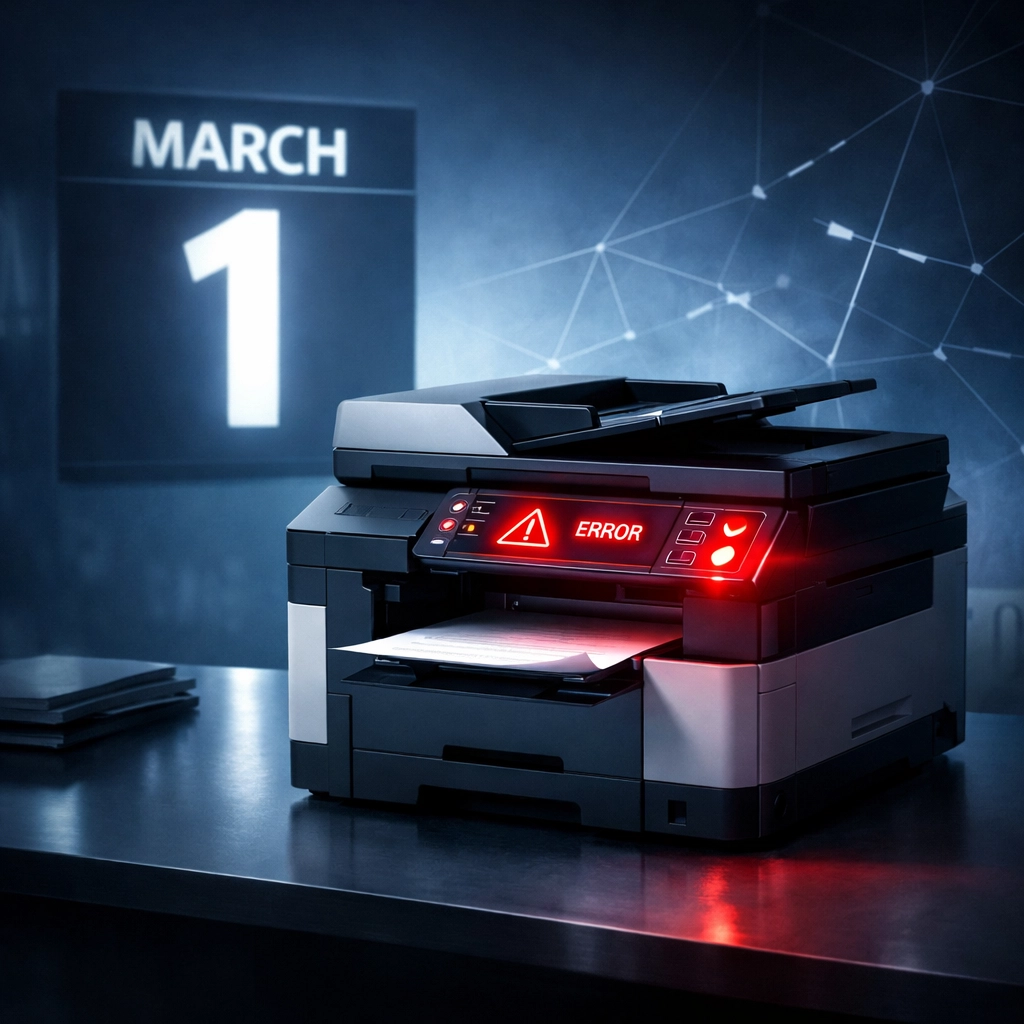 Office printer with March 1st deadline warning for Microsoft authentication changes