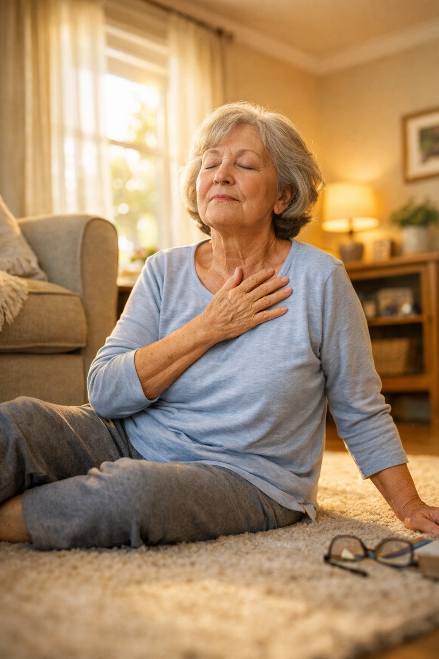 Senior woman sitting calmly on floor after fall, practicing deep breathing techniques