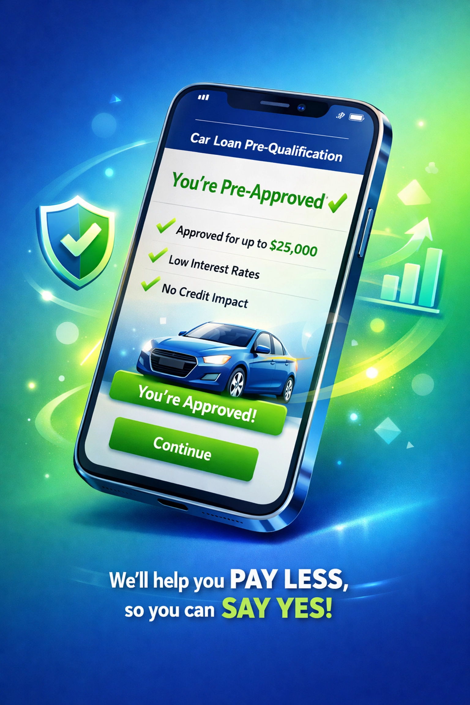 Online pre-qualification for bad credit car loan on smartphone with approval indicators