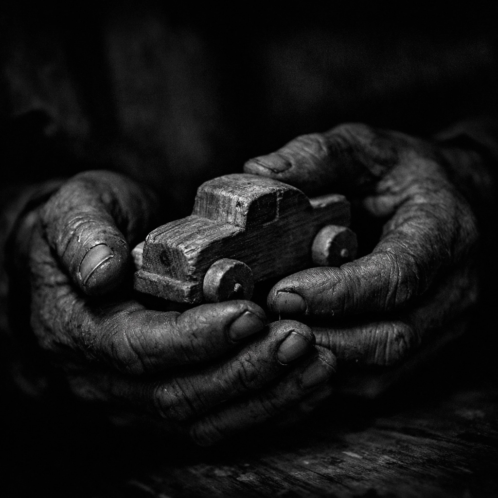 Close-up of weathered hands holding a wooden toy, symbolizing the love in Elvis Presley’s childhood home.