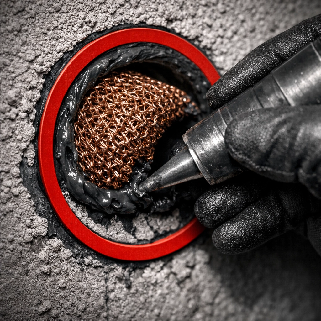 Pest control technician sealing utility pipe gaps with copper mesh to prevent rodent entry.