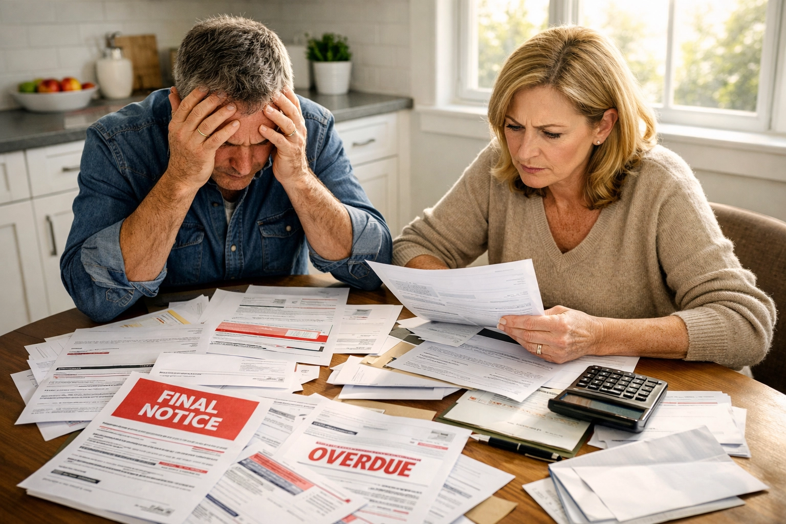 Stressed couple reviewing mortgage bills and debt at kitchen table