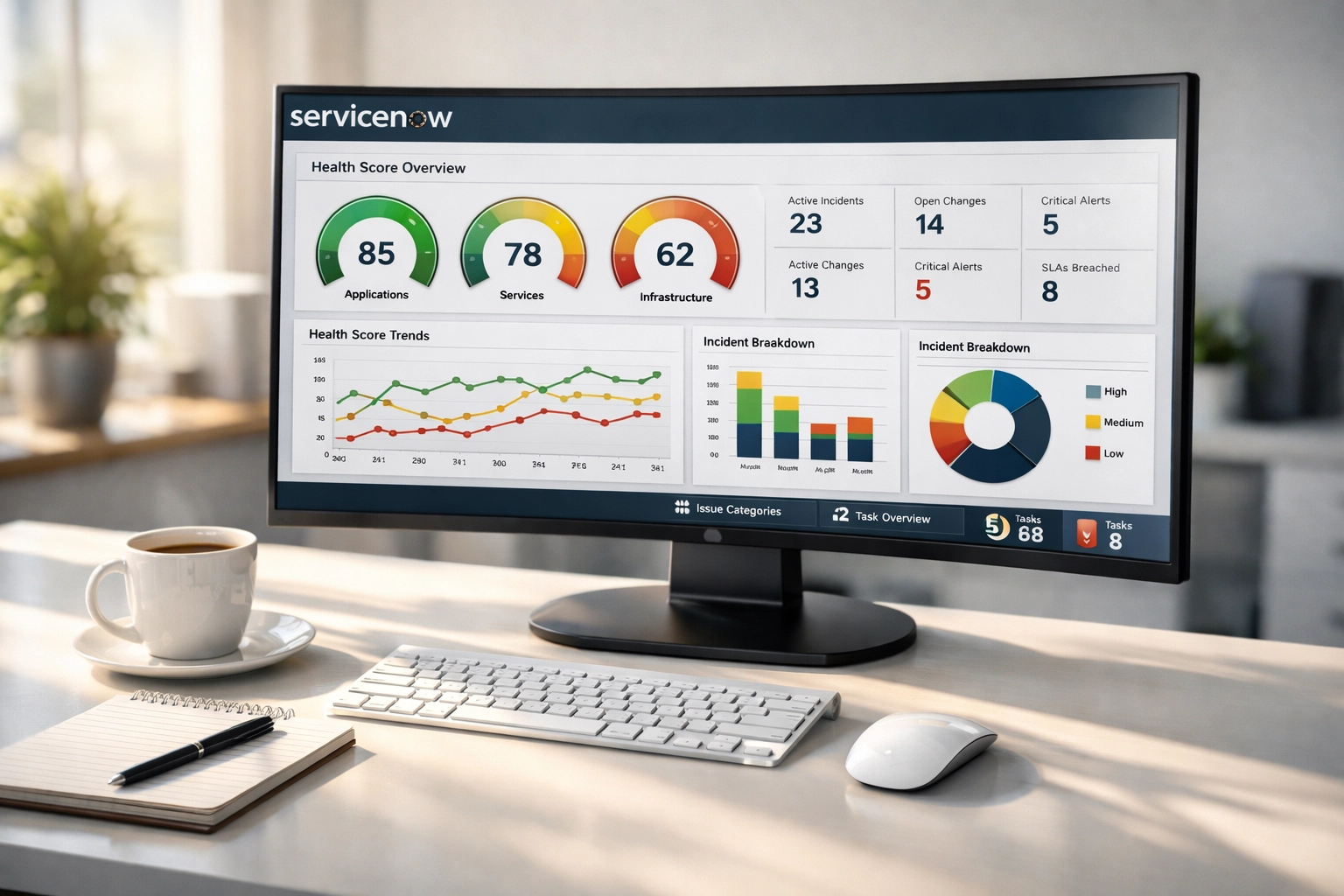 ServiceNow CMDB health dashboard displaying configuration metrics and discovery schedules