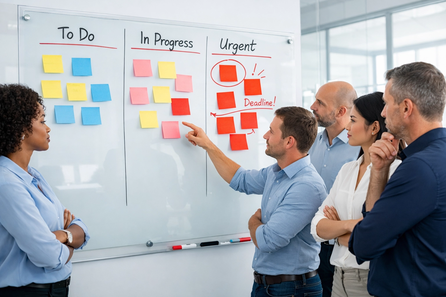 Enterprise team prioritizing program issues on whiteboard with sticky notes organized in columns