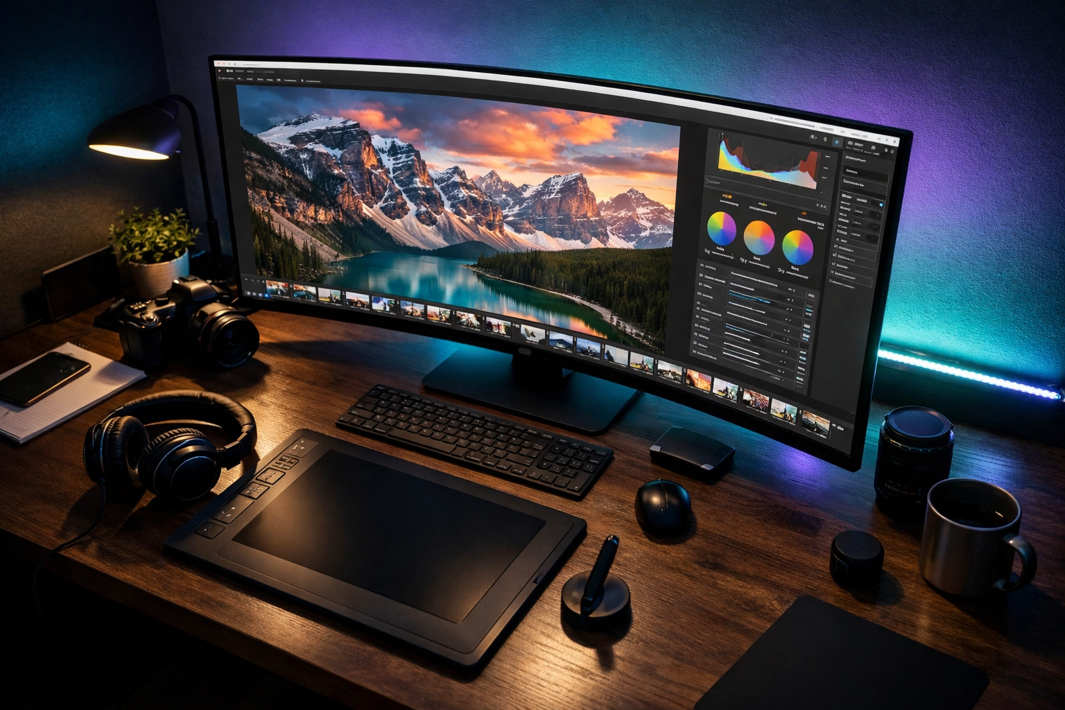Editing a landscape photo in a professional workspace as part of an advanced online photography school course.
