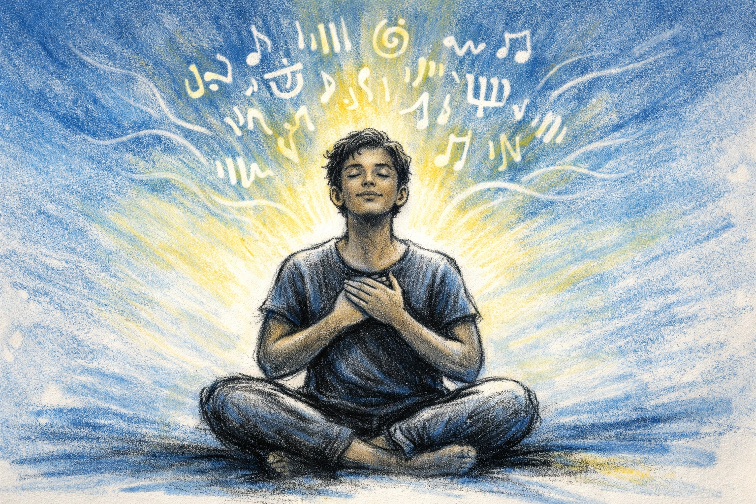 [IMG] Diverse person praying with gentle sound waves and glow