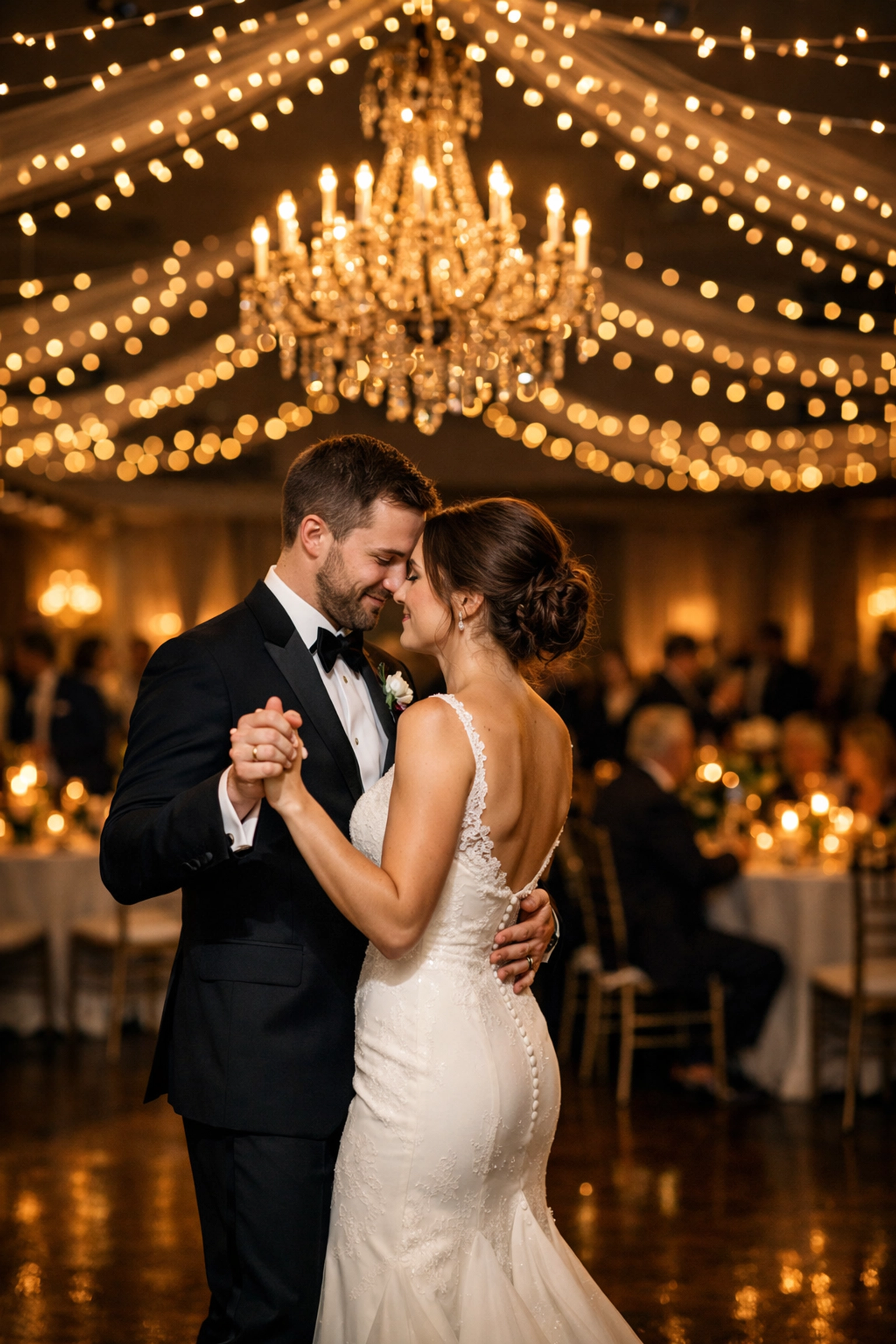 Professional indoor wedding reception photo showing a couple's first dance under ballroom lights.