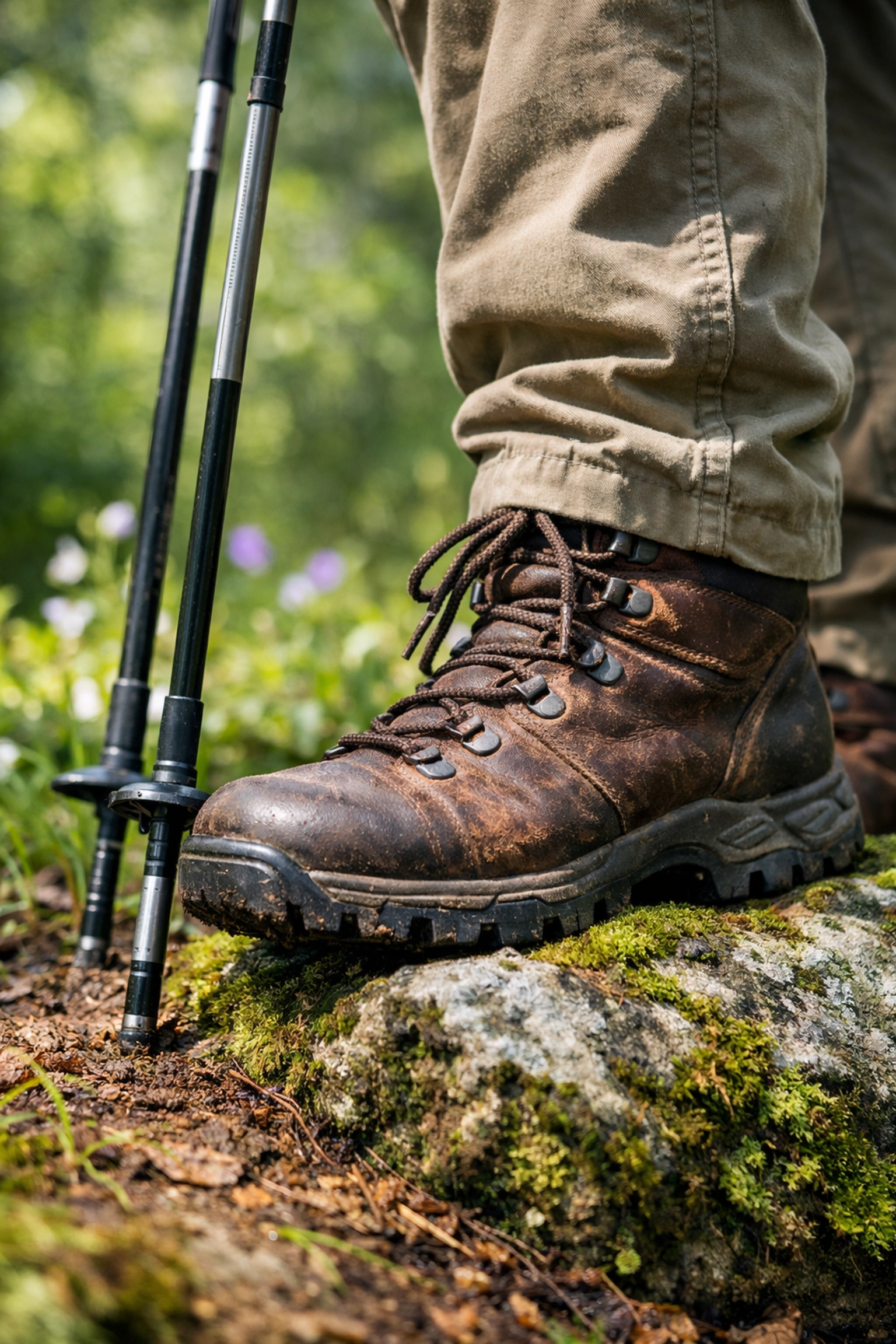 Close-up of trekking poles and boots on a trail, essential for guided walking tours UK.
