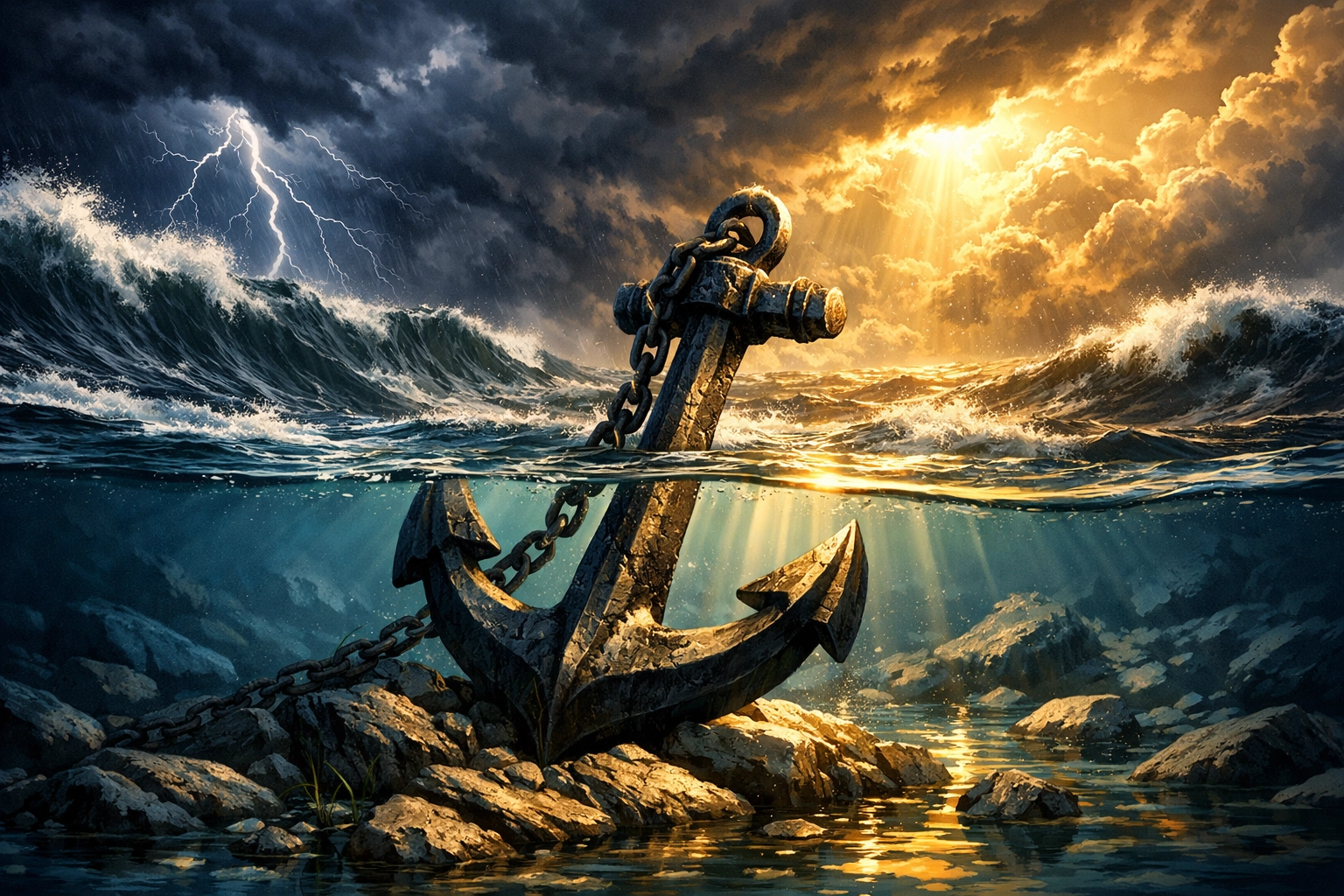 Ship anchor firmly planted on rock beneath stormy sea with light breaking through clouds