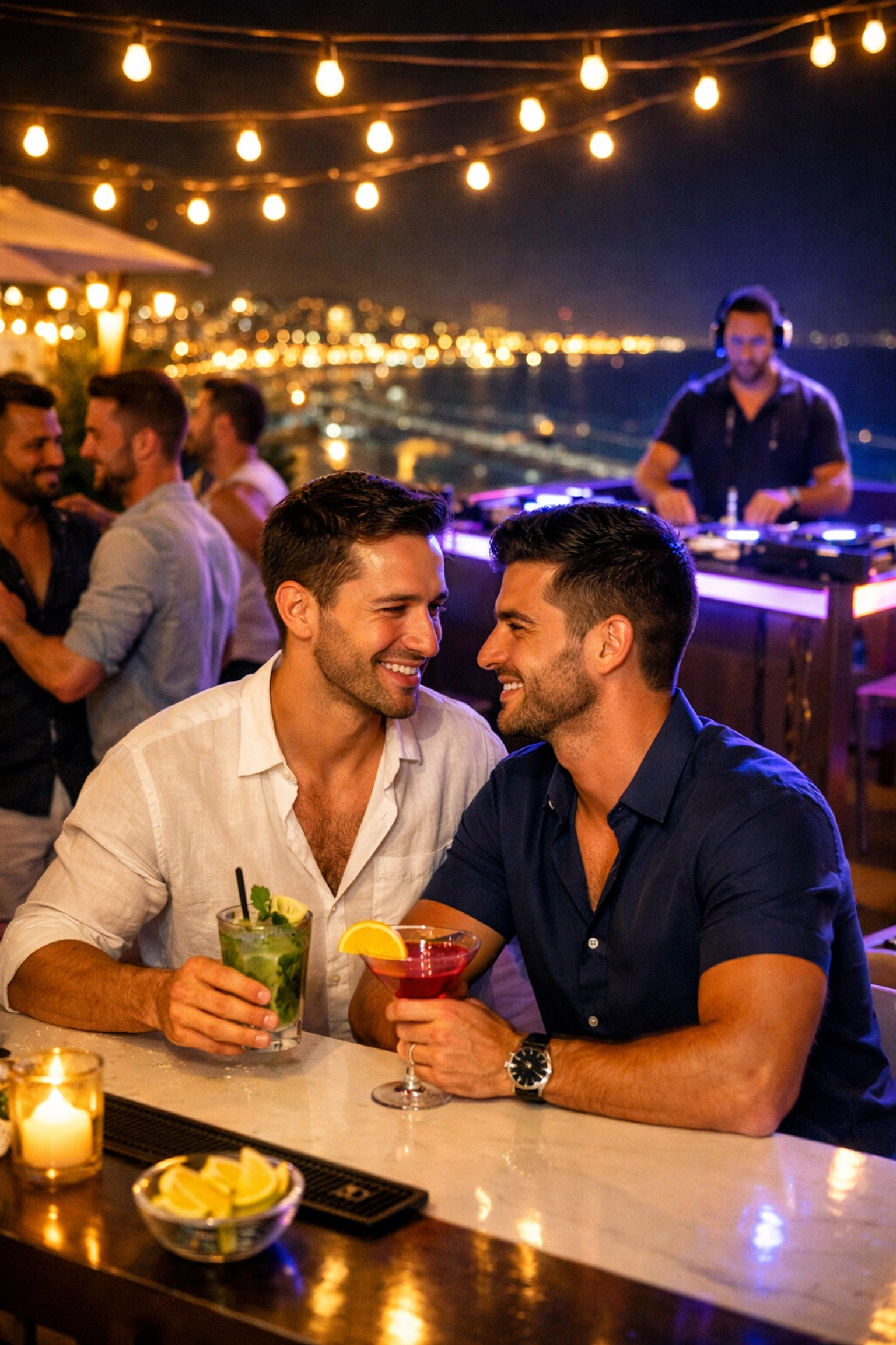 Gay couple enjoying cocktails at Tel Aviv beach club terrace overlooking marina at night