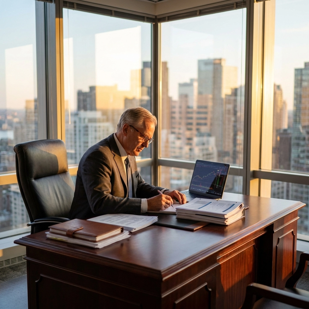 Accredited investor reviewing financial documents at a desk with city skyline, illustrating due diligence requirements.