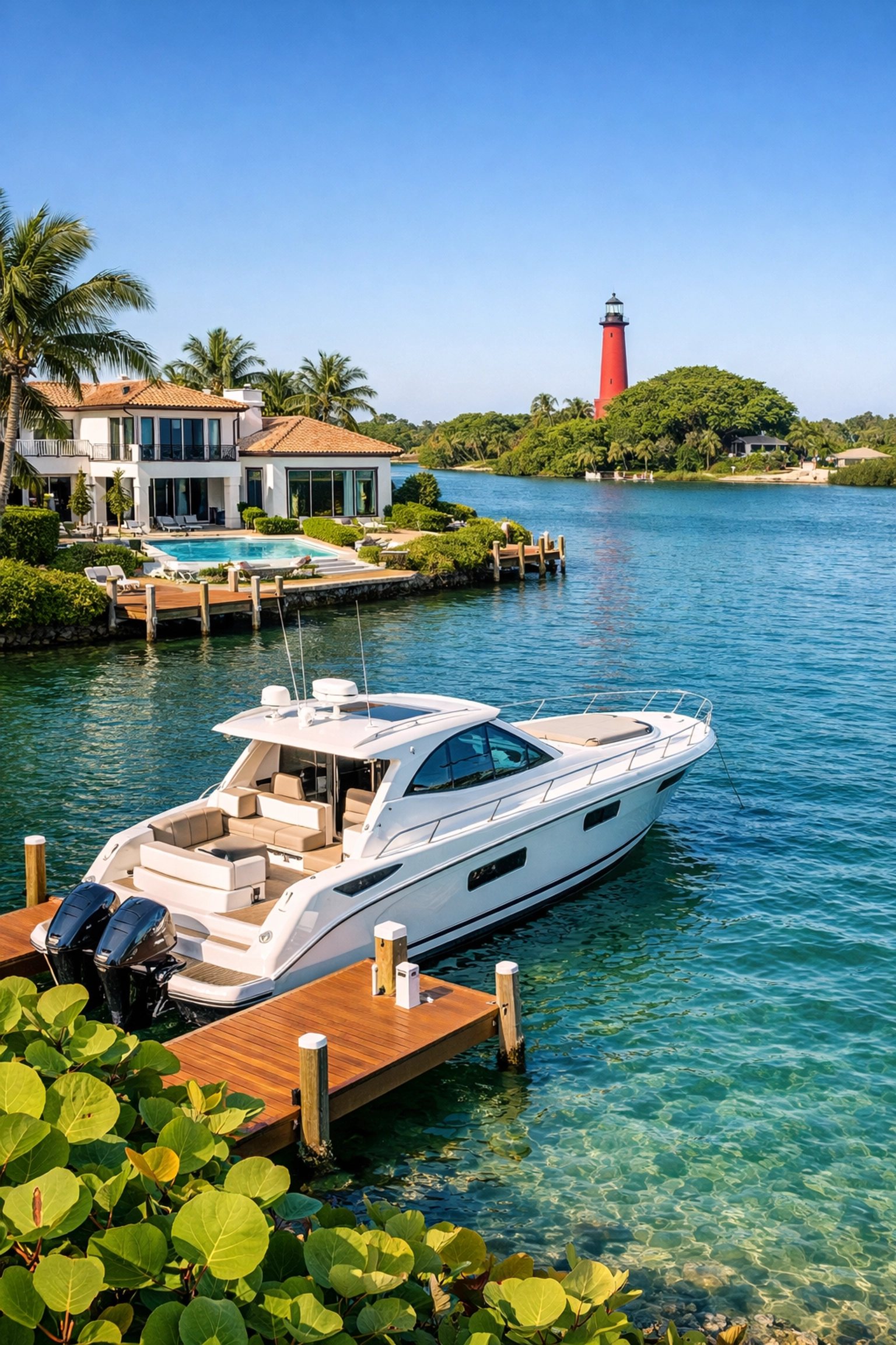 Luxury waterfront home in Jupiter, FL overlooking the Loxahatchee River and iconic lighthouse.
